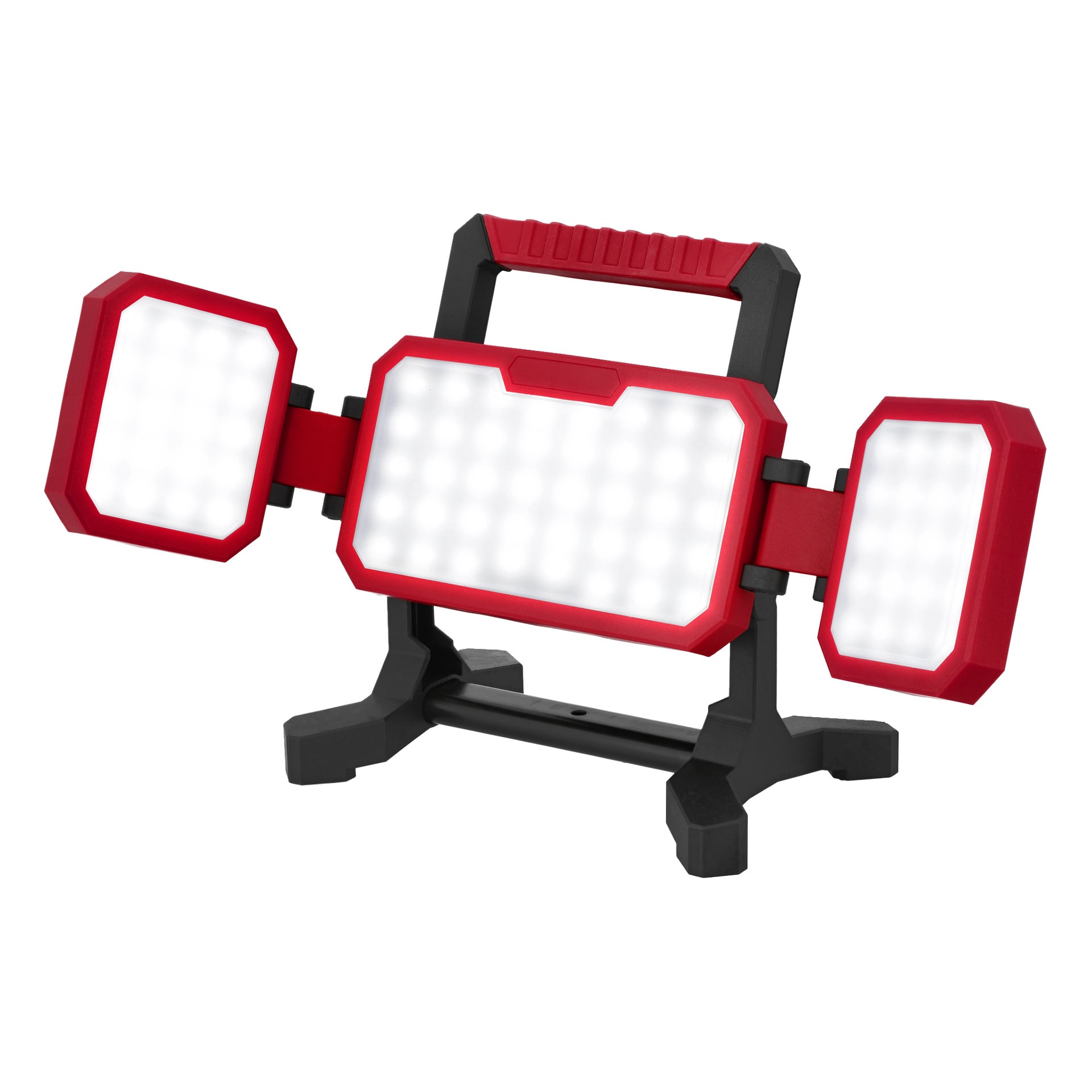 Bateriowy Meec Tools Multiseries LD-18V WORK 700 z trzema czerwonymi panelami LED na czarnym uchwytie; boczne panele się obracają.
