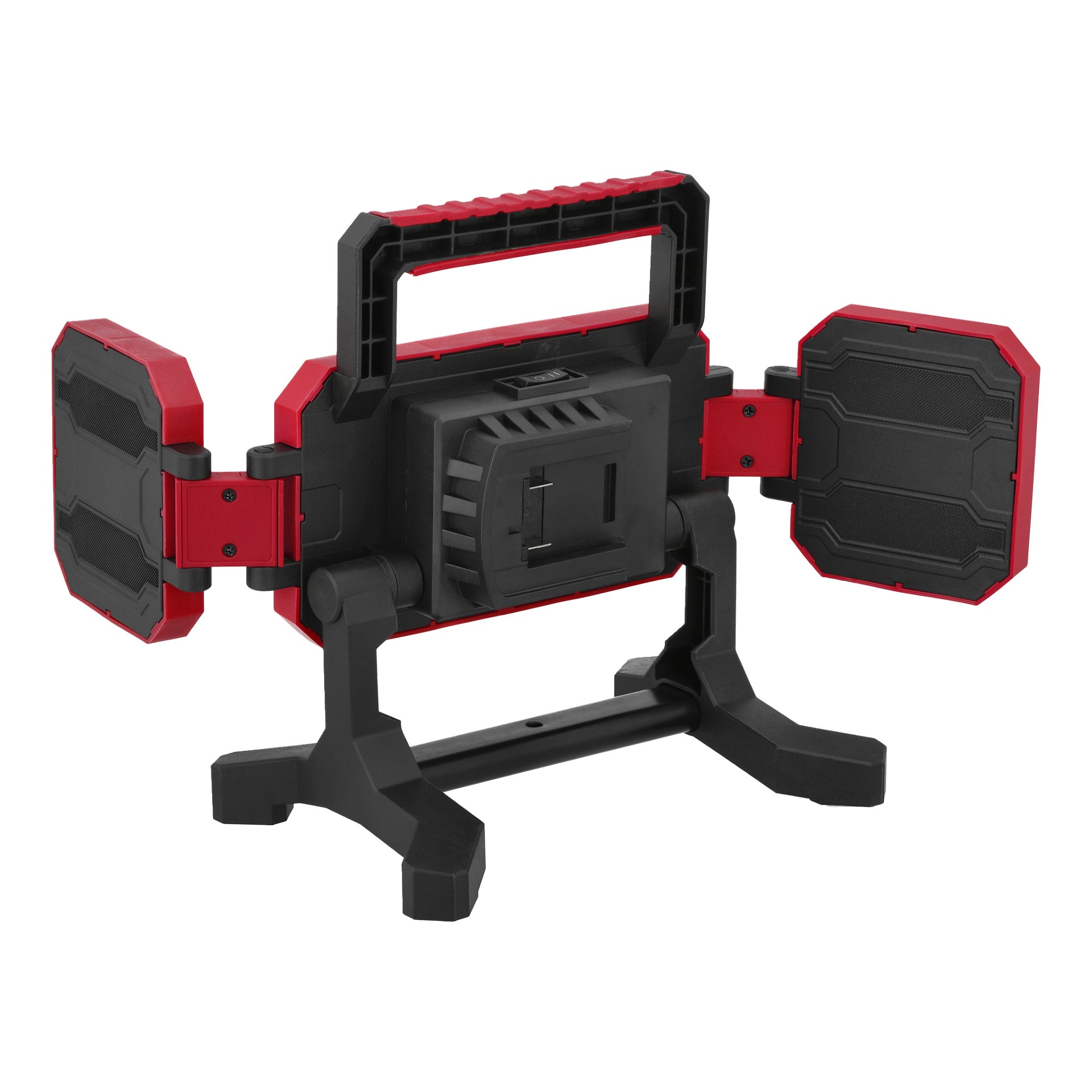 Bateriowa lampa robocza Meec Tools LD-18V WORK 700 z centralną rączką, czarno-czerwonym korpusem, dwoma ruchomymi panelami bocznymi i solidną podstawą.
