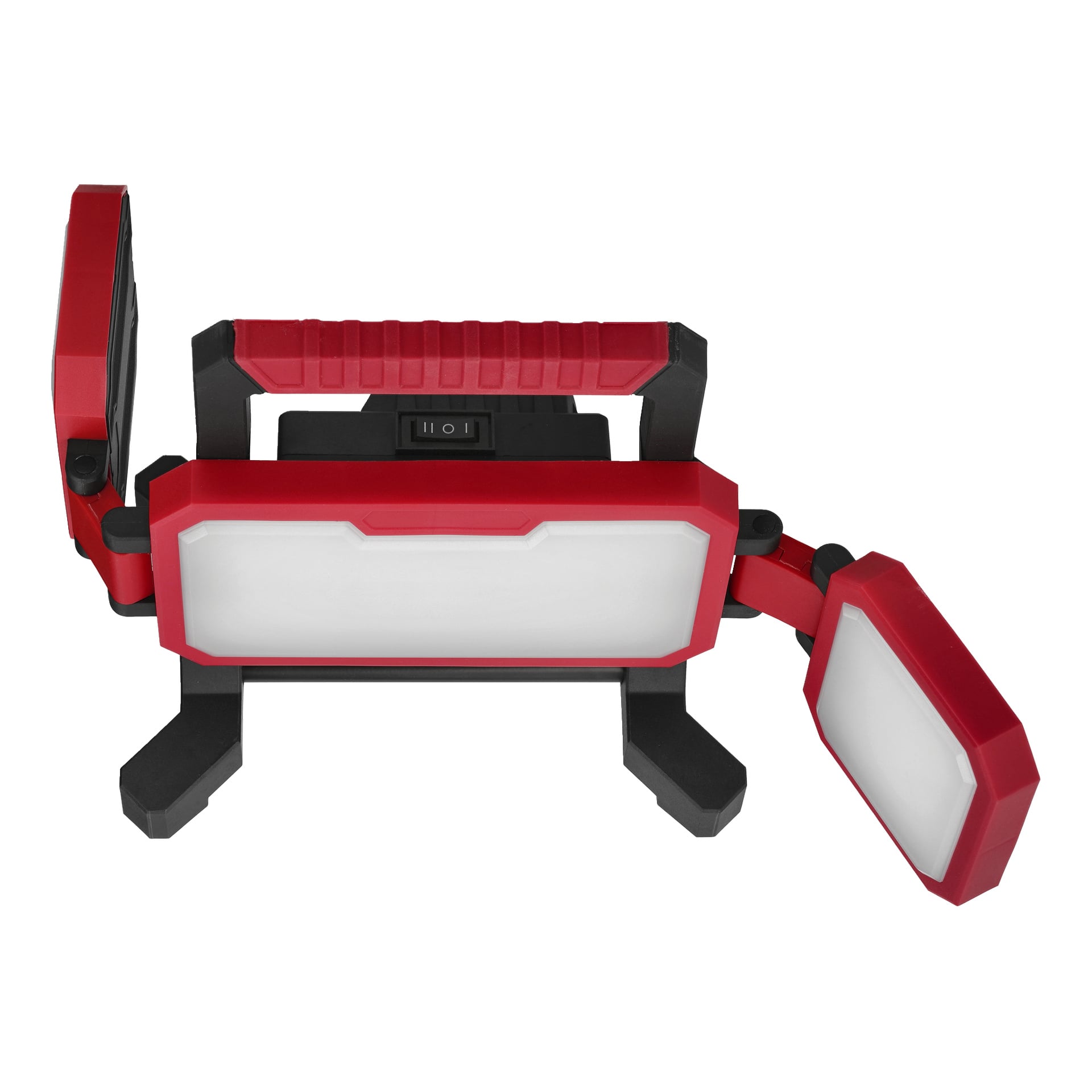 Meec Tools Multiseries LD-18V WORK 700 lampa robocza z 3 regulowanymi panelami LED, czerwono-czarną rączką, górnym przełącznikiem, bocznymi panelami na zewnątrz.