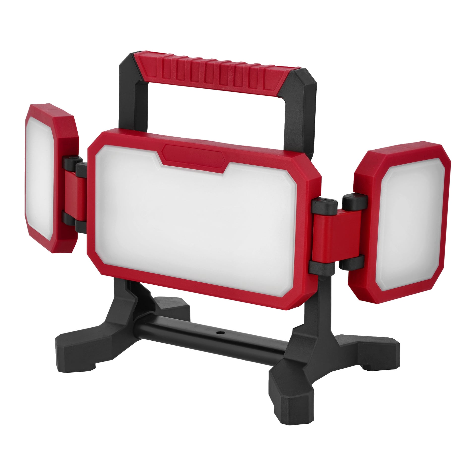 Meec Tools Multiseries LD-18V WORK 700 lampa robocza z czarno-czerwoną ramą, centralnym światłem, dwoma bocznymi panelami i uchwytem na podstawie.