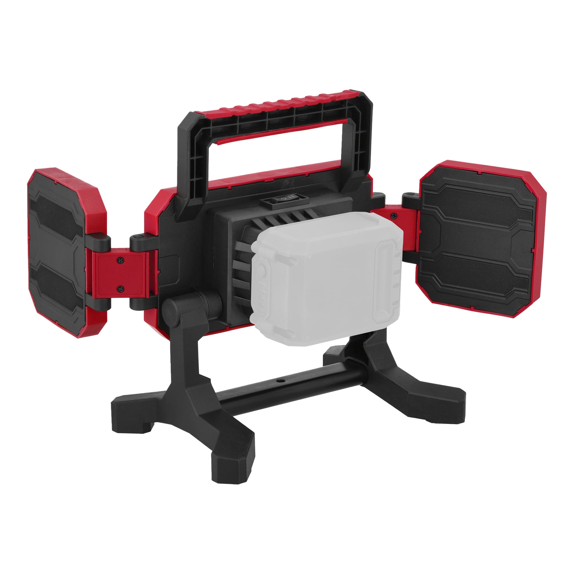 Lampa robocza Meec Tools LD-18V WORK 700 z czarno-czerwoną ramą, dwoma regulowanymi panelami bocznymi, centralnym uchwytem oraz białym akumulatorem z tyłu.