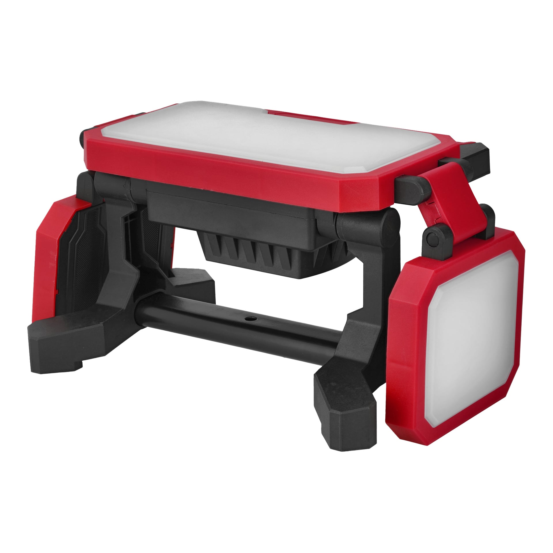 Czerwona i lampa Meec Tools LD-18V WORK 700 z dwoma regulowanymi bocznymi panelami LED, górnym panelem świetlnym i stabilną podstawą.