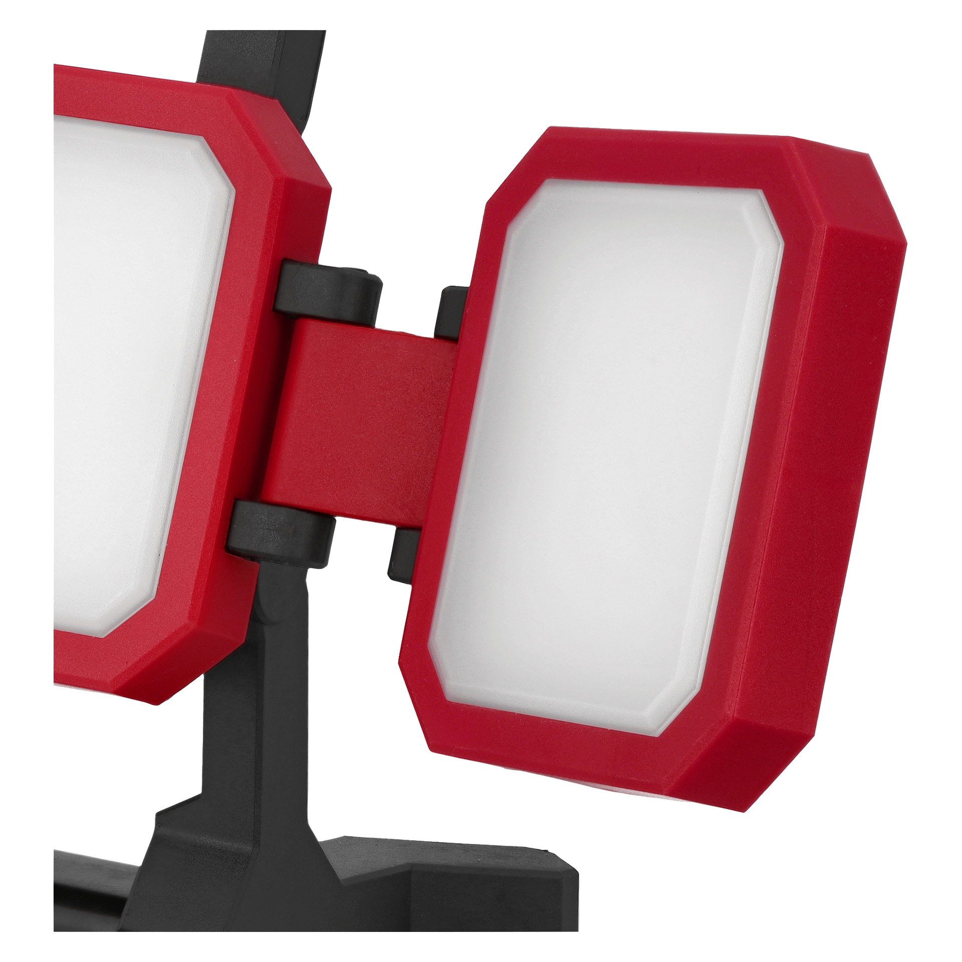 Dwie lampy robocze Meec Tools Multiseries LD-18V WORK 700, obie z czerwonymi ramami, stoją obok siebie na czarnym mocowaniu.