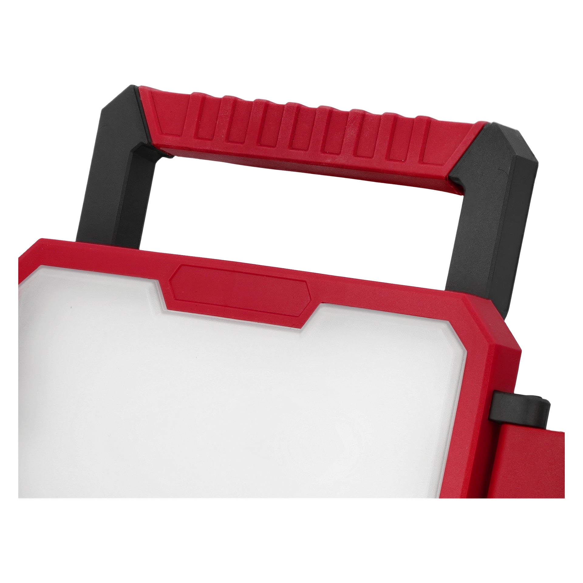 Zbliżenie na czerwono-czarną plastikową rączkę na prostokątnej lampie roboczej LD-18V WORK 700 firmy Meec Tools, z białym przodem.