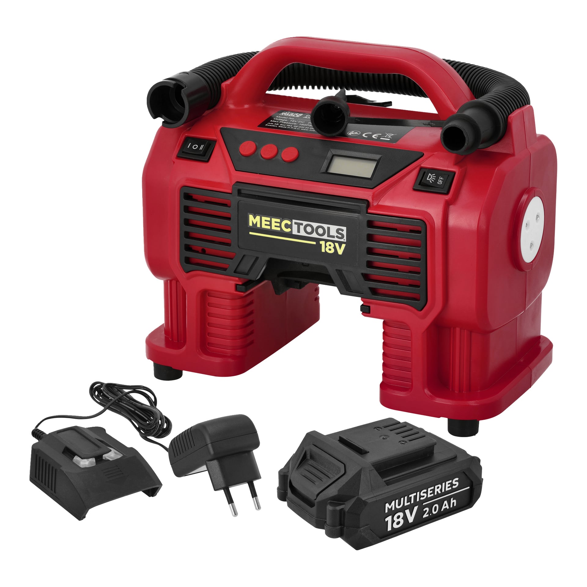 Red Meec Tools 18V luftkompressor med digital display, laddare, kontakt och 18V Multiseries-batteri. Slangen kopplas till sidan.
