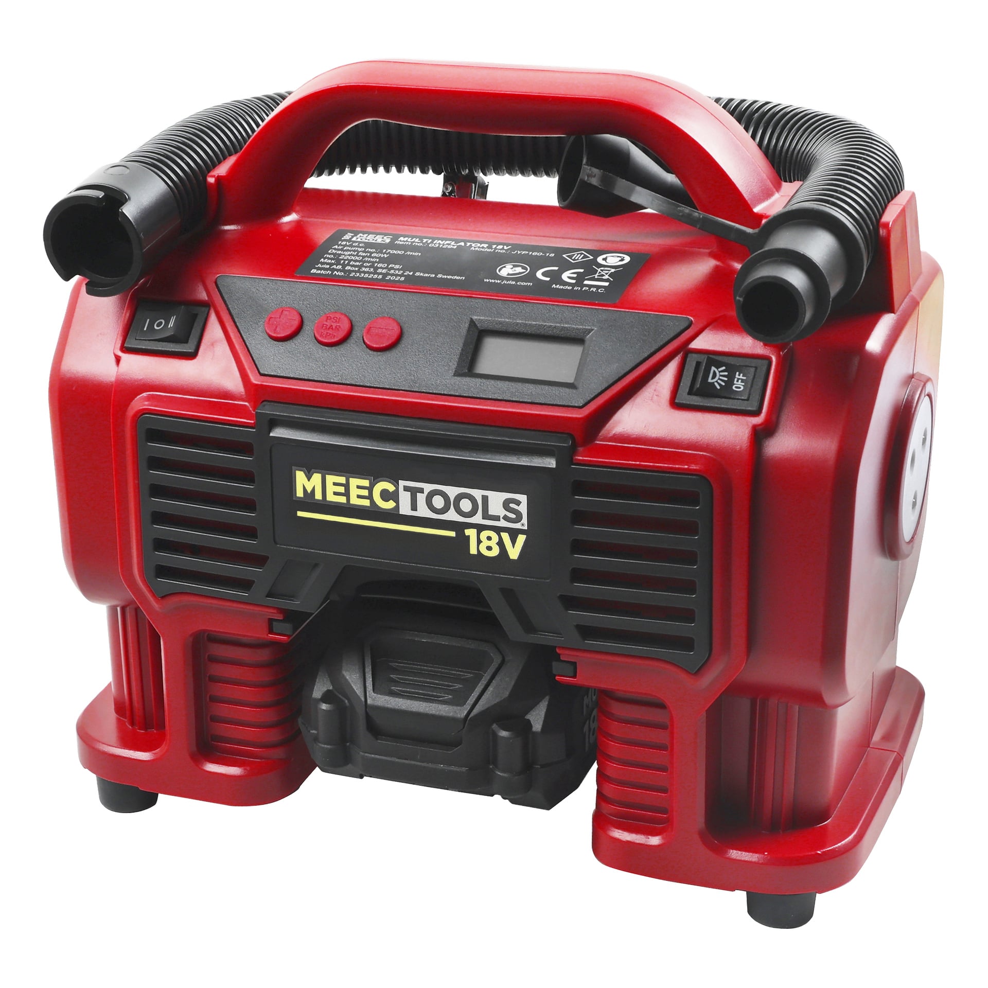 En röd MEEC Tools 18V luftkompressor med digital display, knappar, munstycken och ett övre handtag för att pumpa upp däck eller uppblåsbara däck.