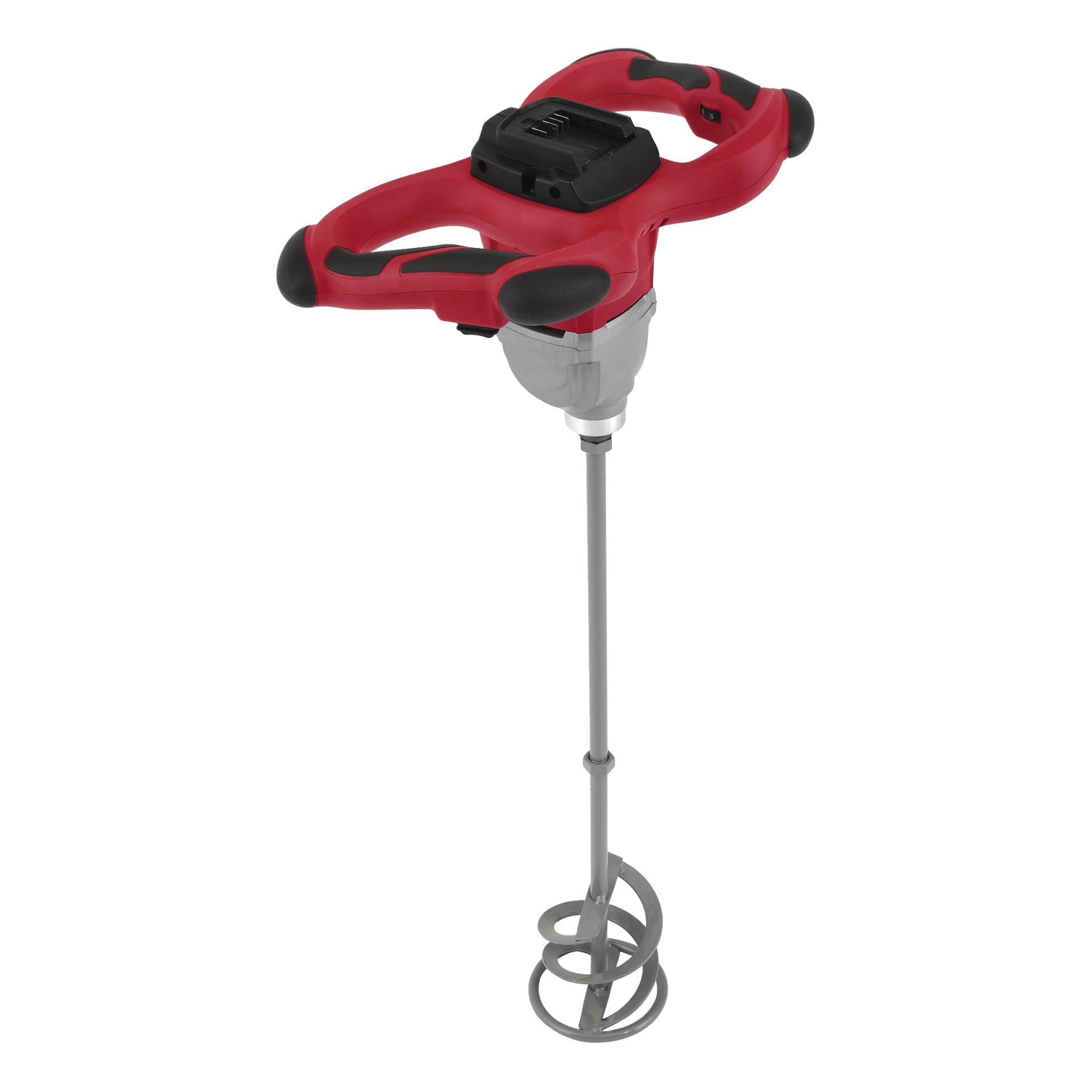 Czerwono-ręczny mieszadło Meec Tools CM-18V HOME 300 z długim metalowym prętem i spiralą, używane do mieszania farby lub cementu.