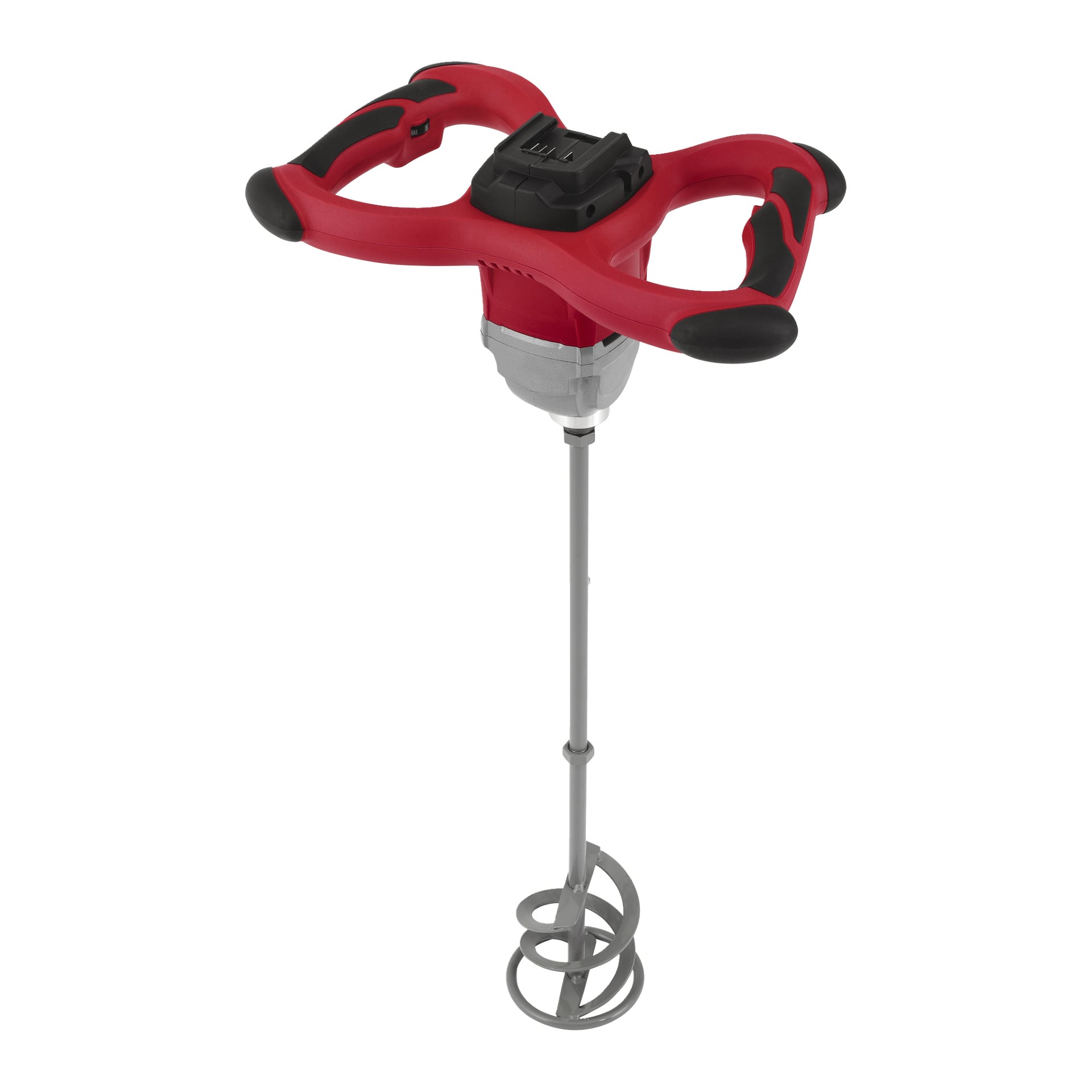 Mieszadło Meec Tools Multiseries CM-18V HOME 300 ma czerwono-czarną rączkę, srebrny wałek oraz spiralne mieszadło.