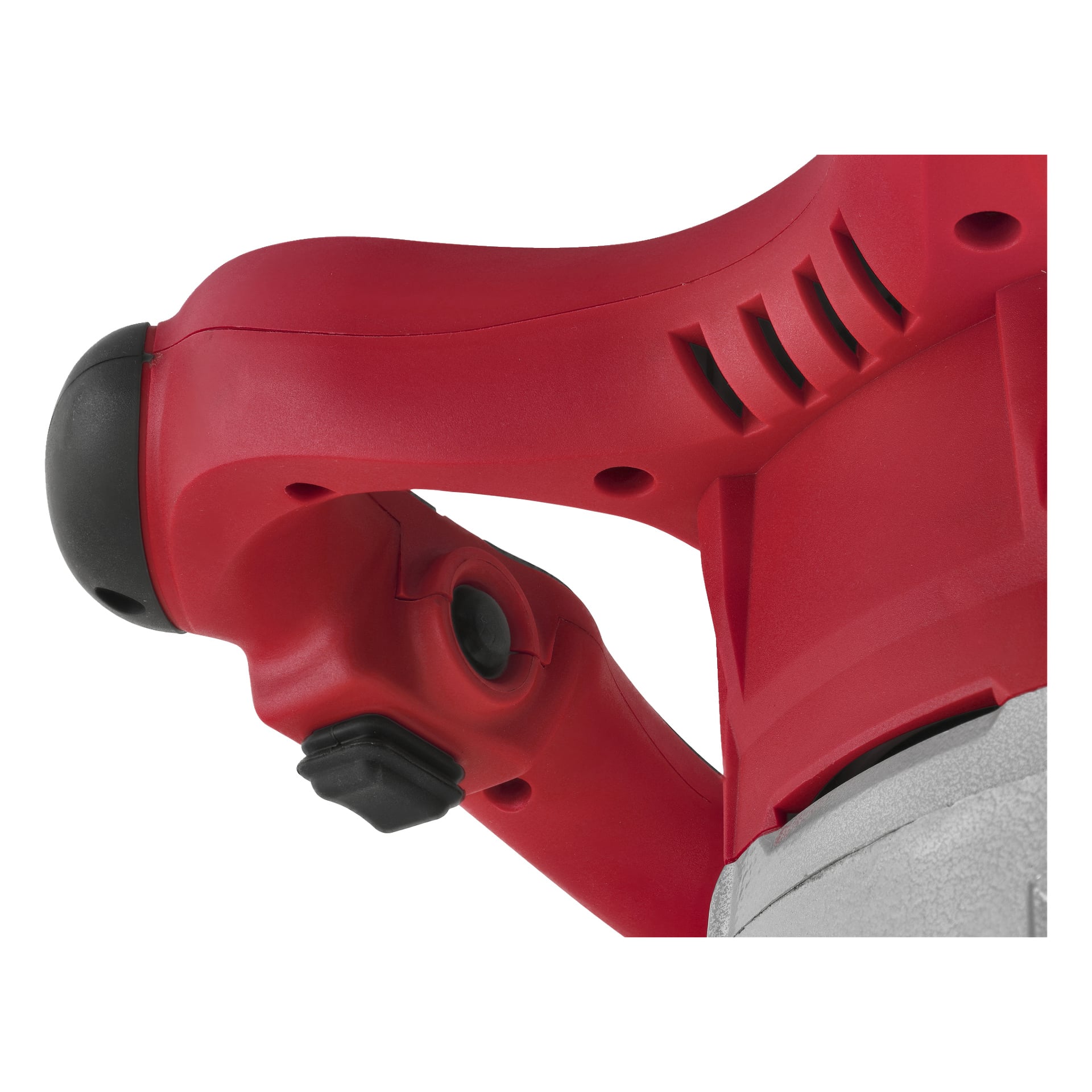 Zbliżenie czerwono-czarnego uchwytu, przycisków sterujących, szczelin wentylacyjnych i korpusu mieszadelki Meec Tools Multiseries CM-18V HOME 300.