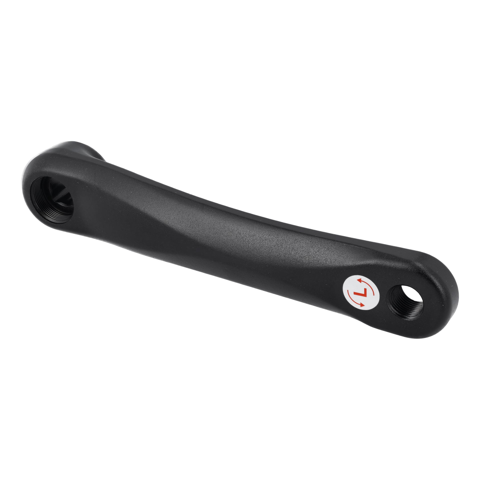 Svart vänster pedalarm för en elcykel, med gängade hål i varje ände och en "L"-klistermärke som visar att den är för vänster sida.