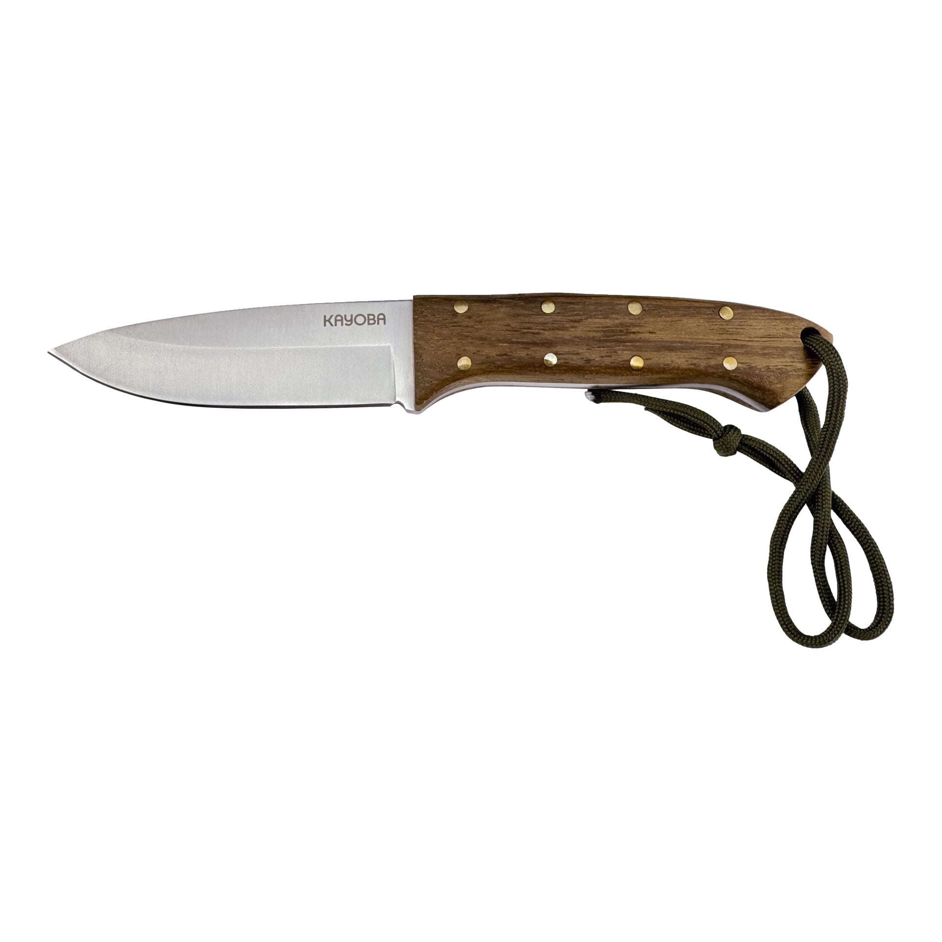 Kayoba Hunting Knife med fast blad, trehåndtak med messingnagler, grønn paracord-snor og etset merkevare.