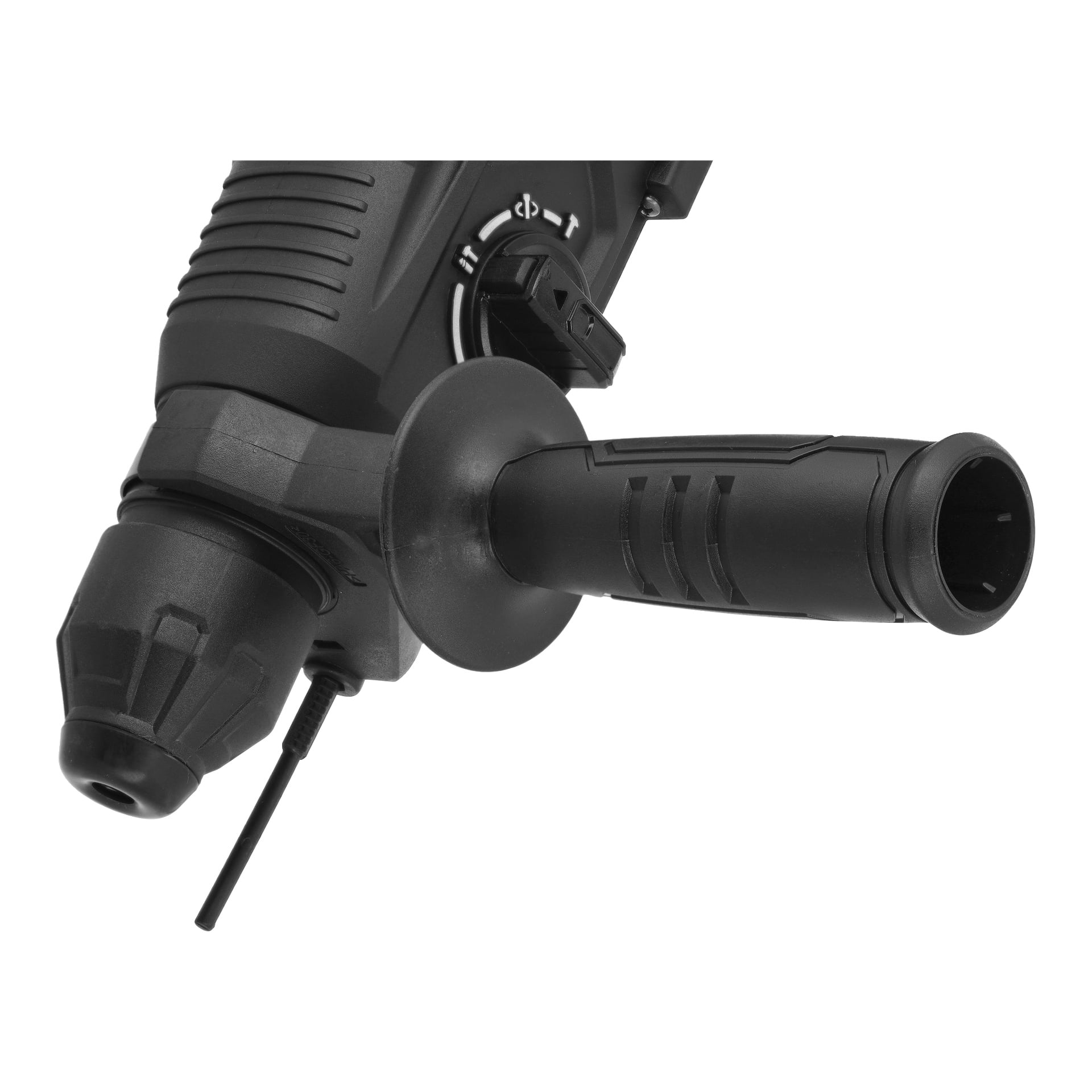 Zbliżenie czarnej wiertarki młotkowej Meec Tools HD-18V HOME 500 z boczną rękojeścią, teksturowanym chwytem, przełącznikiem trybów i wiertłem.