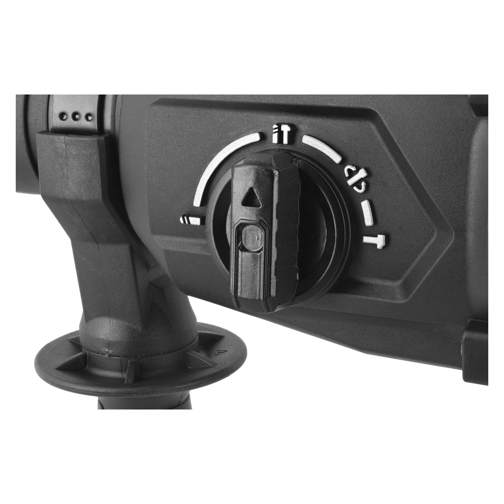 Zbliżenie na przełącznik obrotowy na czarnej wiertarce Meec Tools HD-18V HOME 500, pokazujące białe symbole trybu wokół teksturowanego pokrętła.