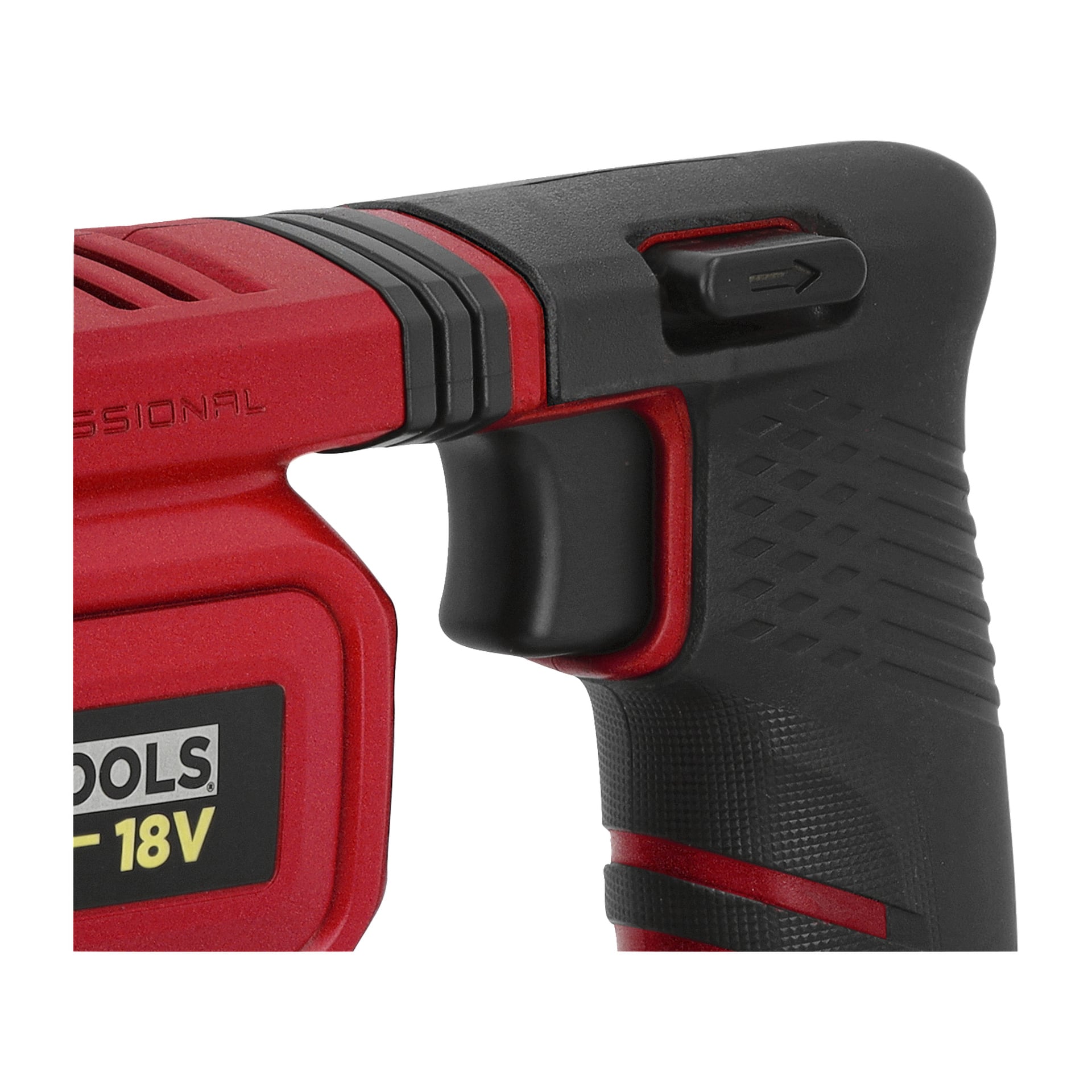 Zbliżenie na uchwyt wiertarki Meec Tools Multiseries HD-18V HOME 500, z teksturowanym uchwytem, spustem, przełącznikiem i częściową etykietą 18V.