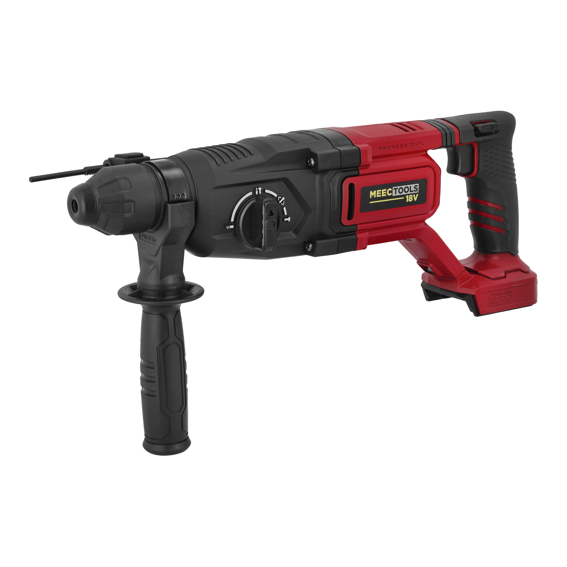 Svart och röd Meec Tools Multiseries sladdlös borr från 5-delade Impact Kit, med sidohandtag, ratt, avtryckargrepp, inget batteri.