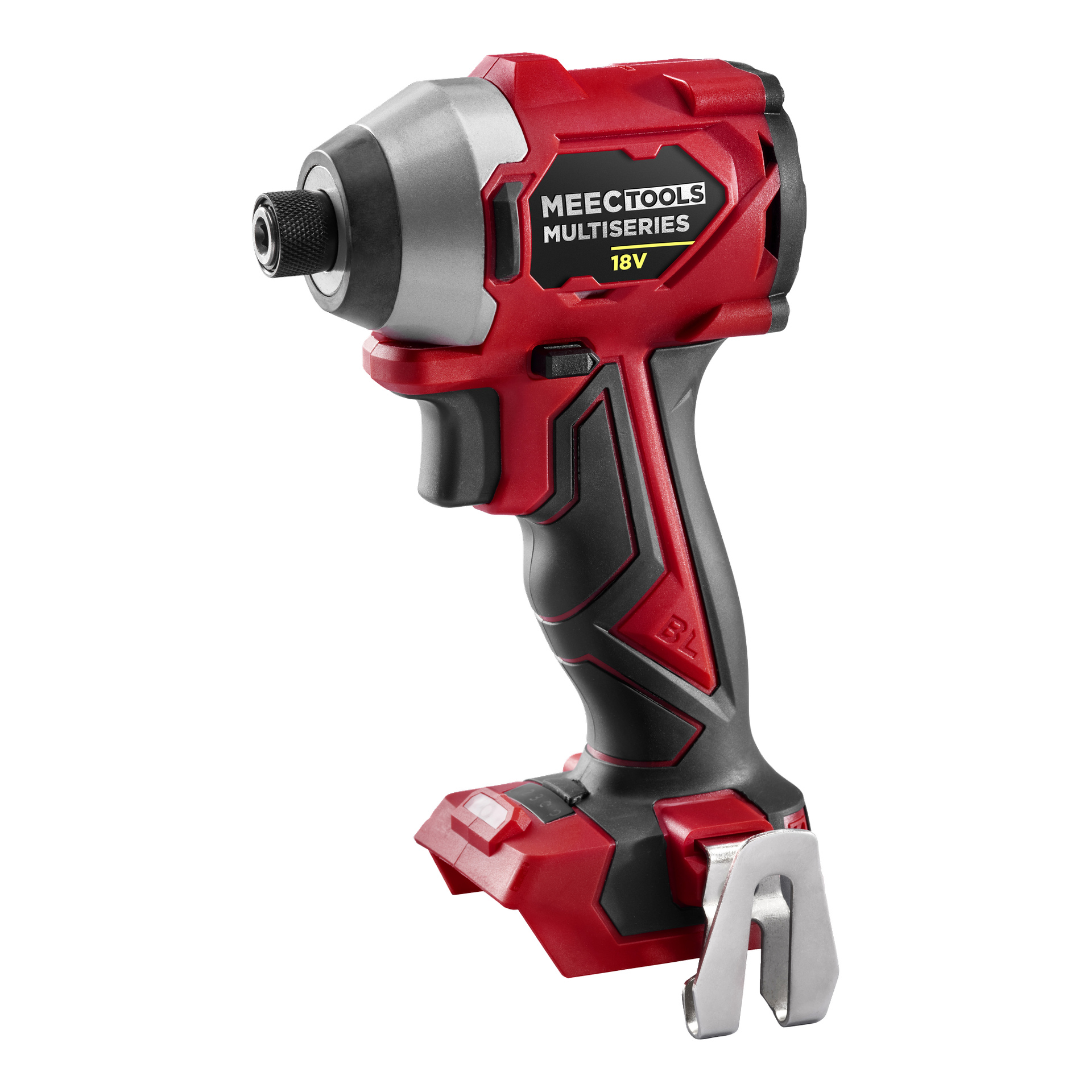 En röd och svart Meec Tools Multiseries Impact kit sladdborr med metallisk bältesklämma och grå chuck står upprätt.