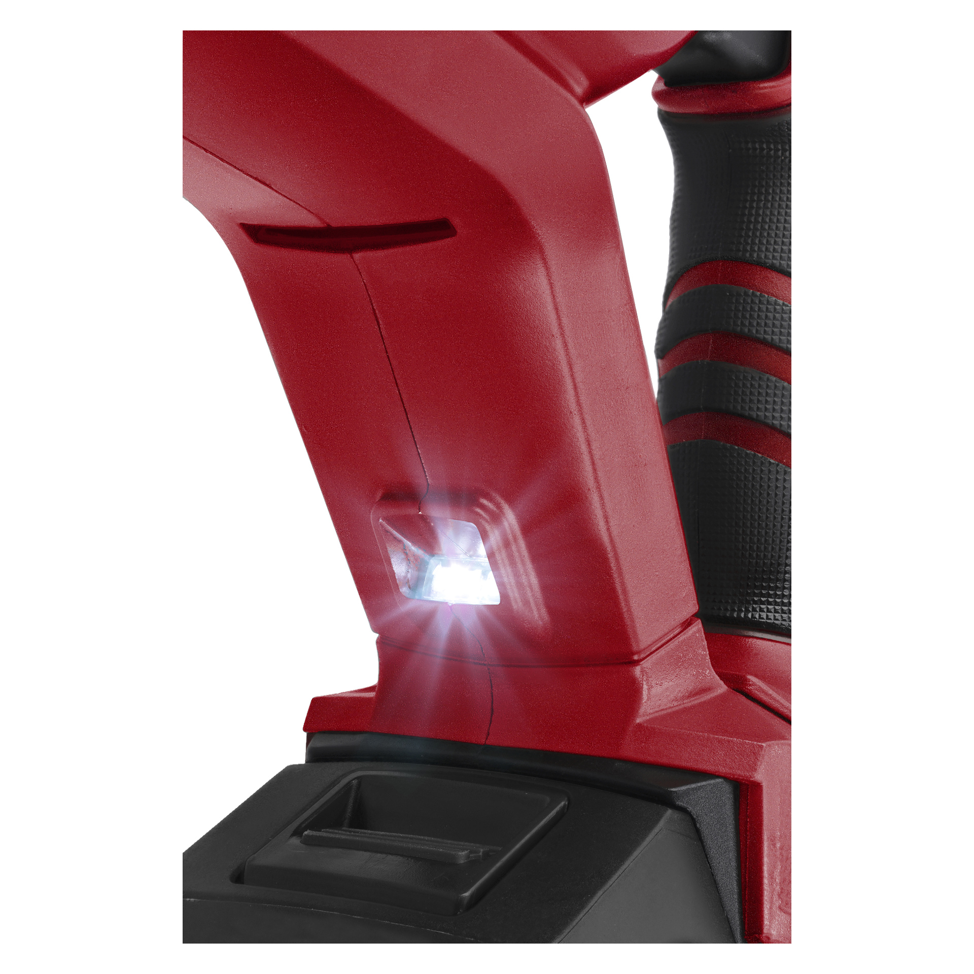 Närbild på en röd Meec Tools Multiseries Impact kit-borrmaskin med LED-lampa vid basen, texturerat grepp och synligt batteripaket.