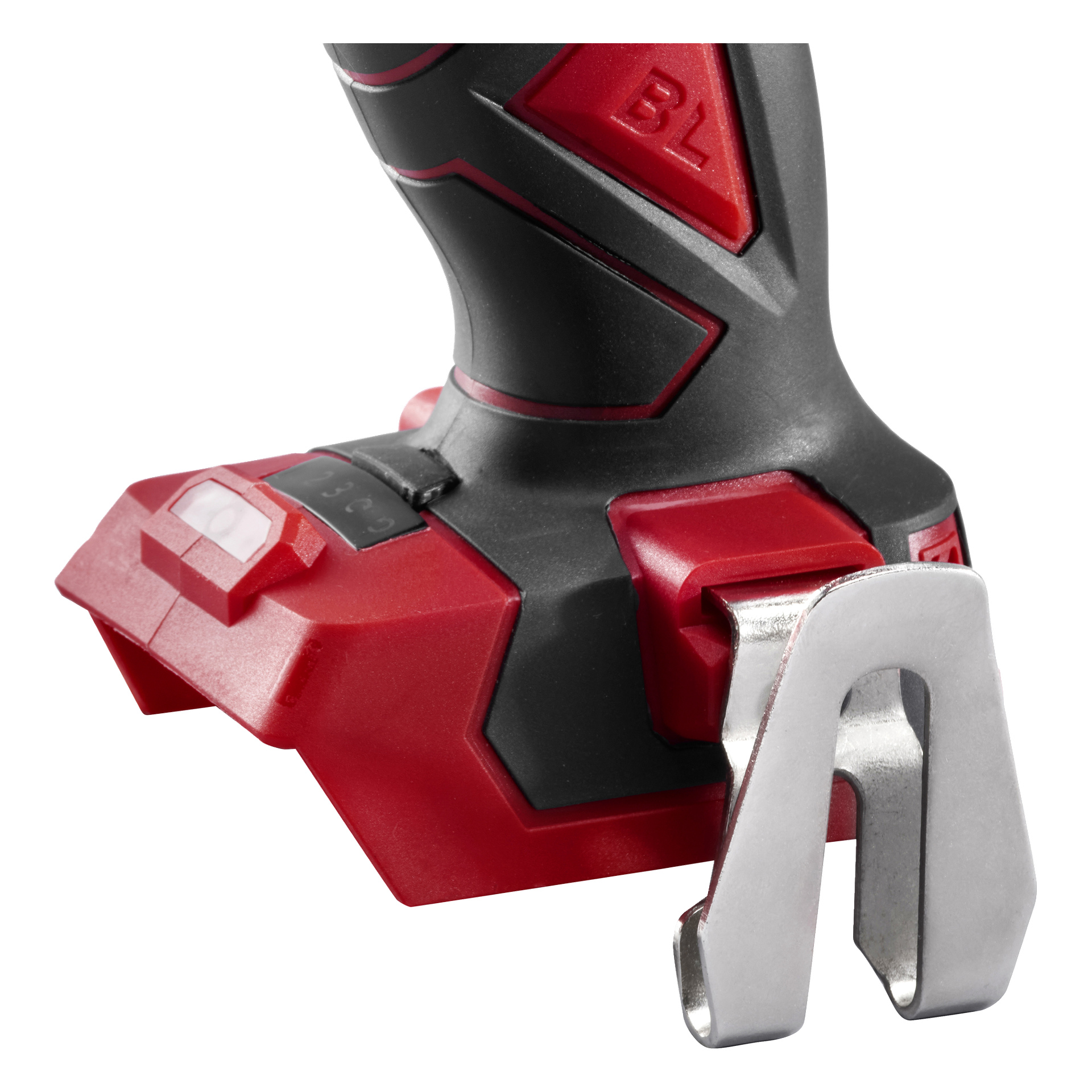Närbild på Meec Tools Multiseries Drill Combo Pack-handtag och bas, som visar svart/röd grepp, metallbältesklämma och batteriområde.