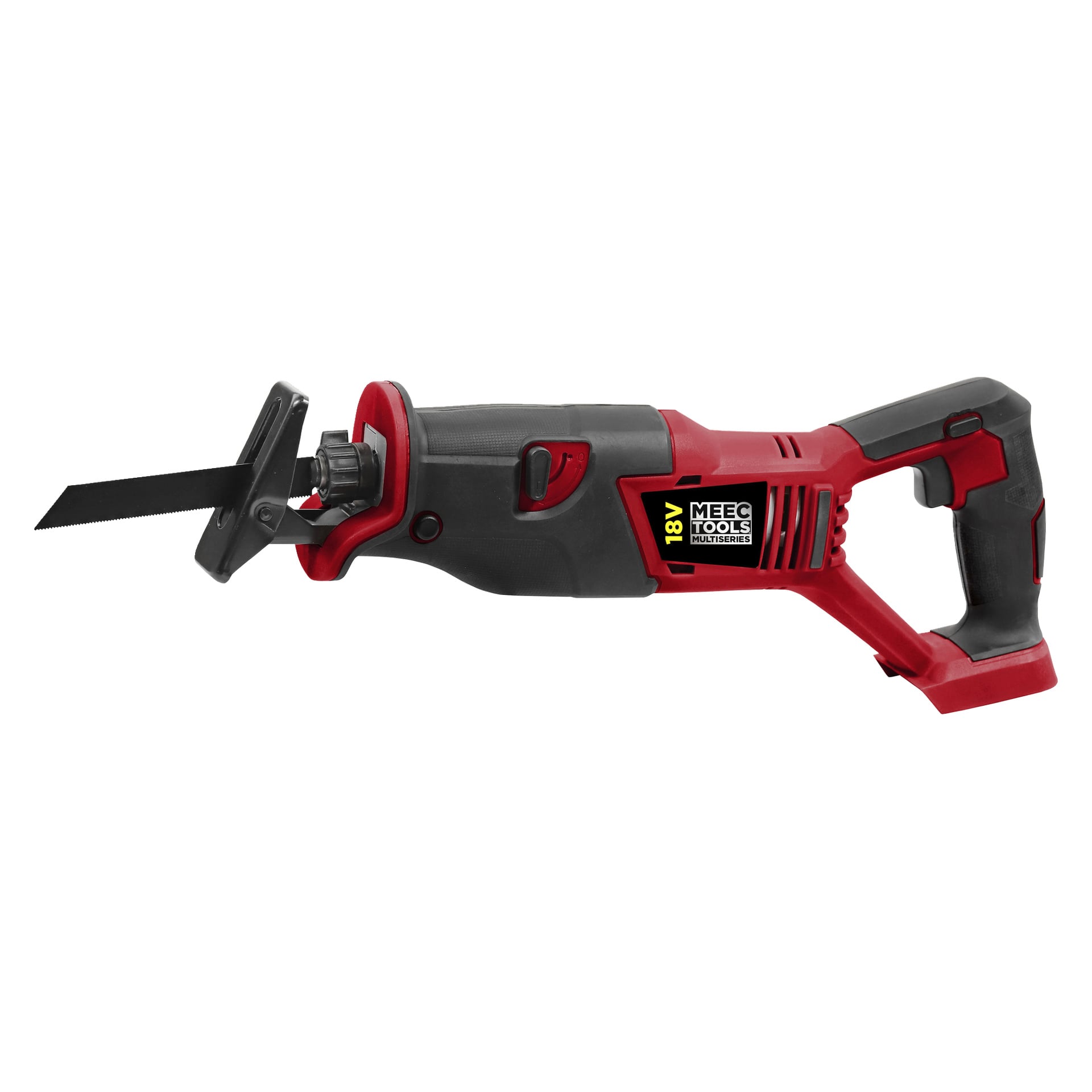 En röd och svart sladdlös bajsåg från Meec Tools Multiseries har ett 18V-batteri, svart blad, ergonomiskt handtag och justerbar platta.