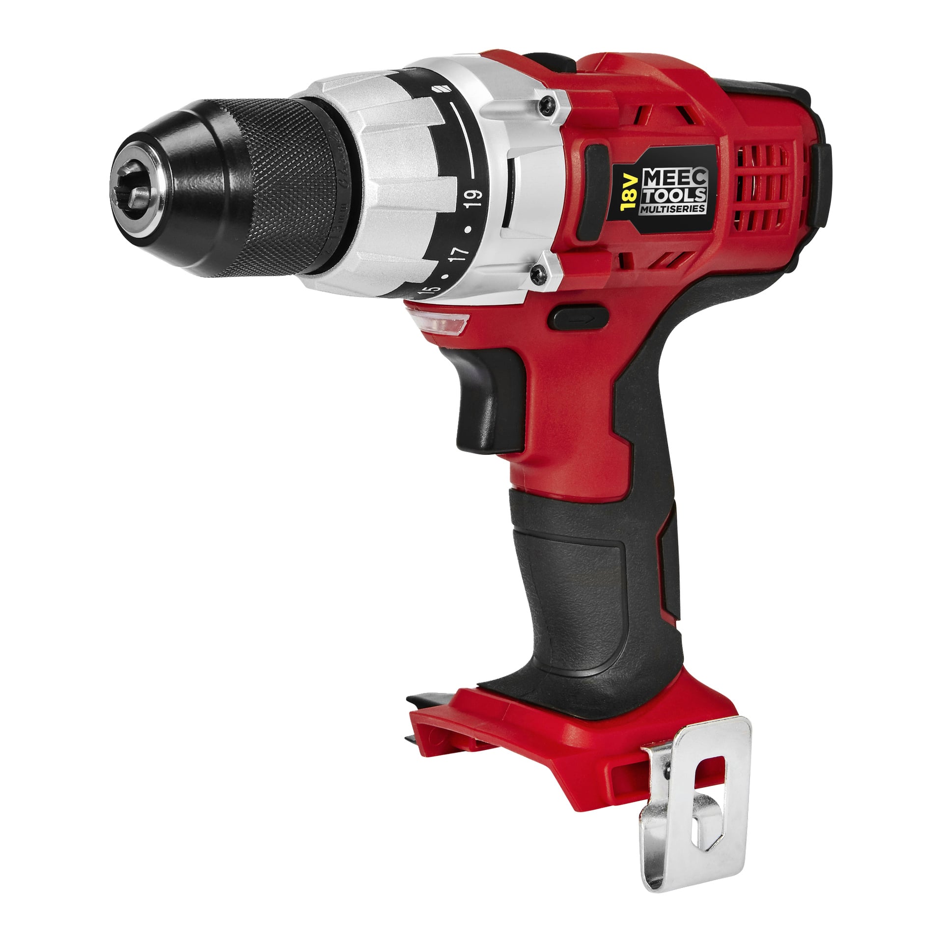 Meec Tools 8-delad sladdlös borrmaskin, röd och svart, silverfäste, svart grepp, metallbältesklämma; etikett på sidan; Inget batteri.