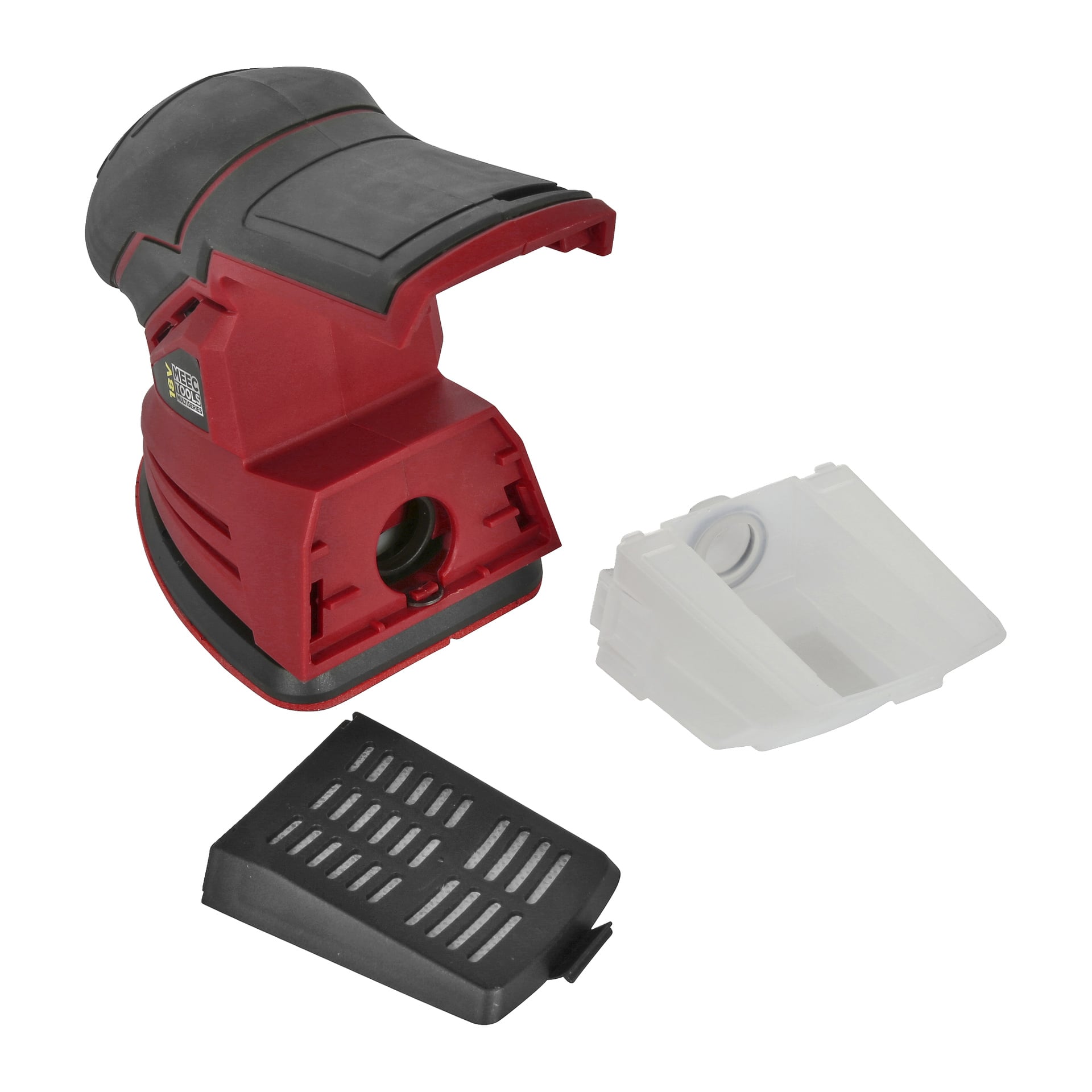 Meec Tools Multiseries Starterpaket (8 PC) inklusive eines Handschleifers mit Staubbox und Filterabdeckung, sichtbare Teile.