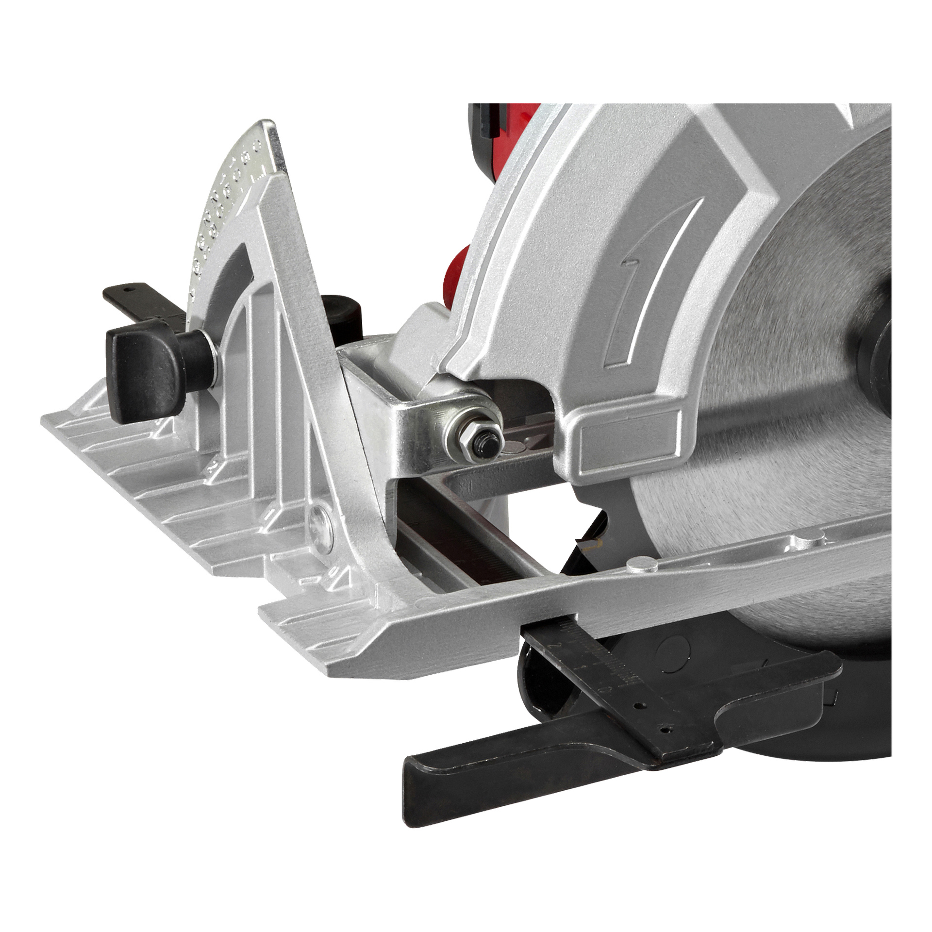 Detaillierte Ansicht des Meec Tools Multiseries Decking-Bausatzes, das den Metallblattschutz, Hebel und das Rundsägeblatt in sauberem Zustand zeigt.