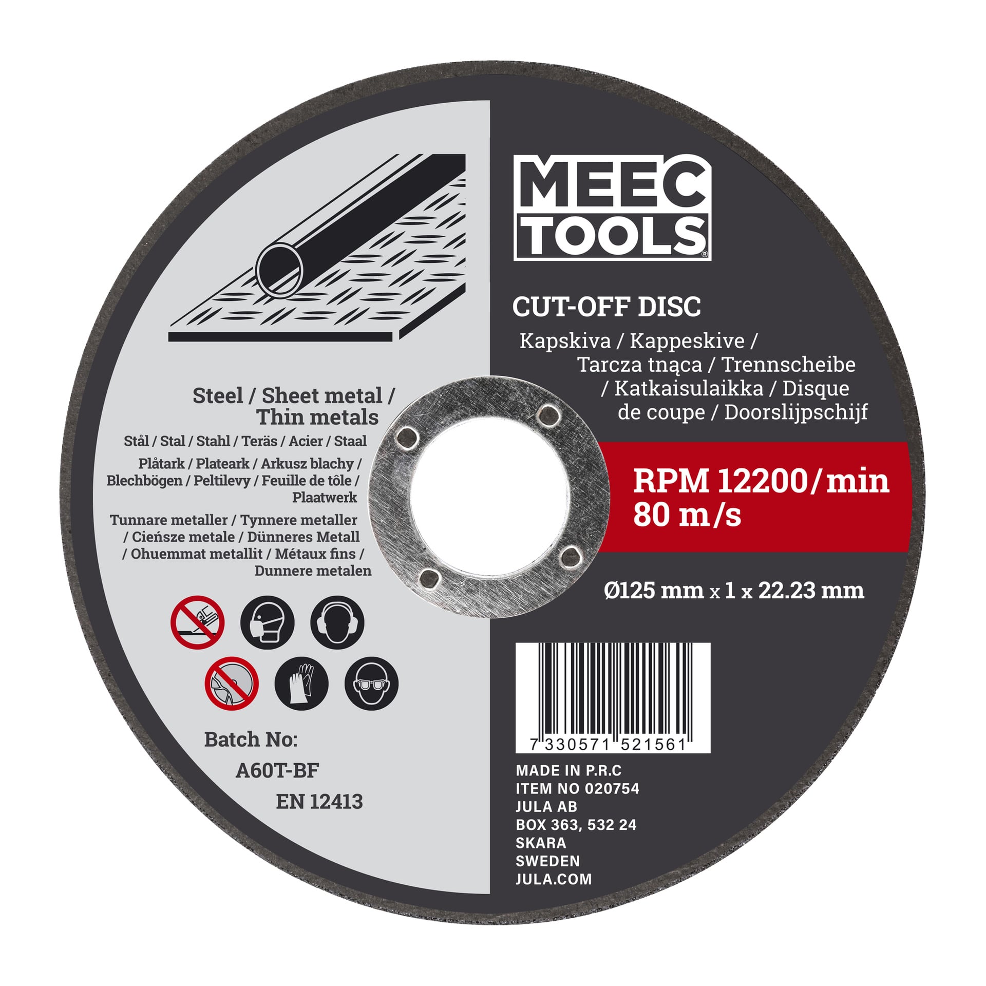 Meec Tools AG-18V HOME 500 vinkelslipkit med 125 mm avskärningsskiva, säkerhetsikoner, streckkod och produktinformation på etiketten.