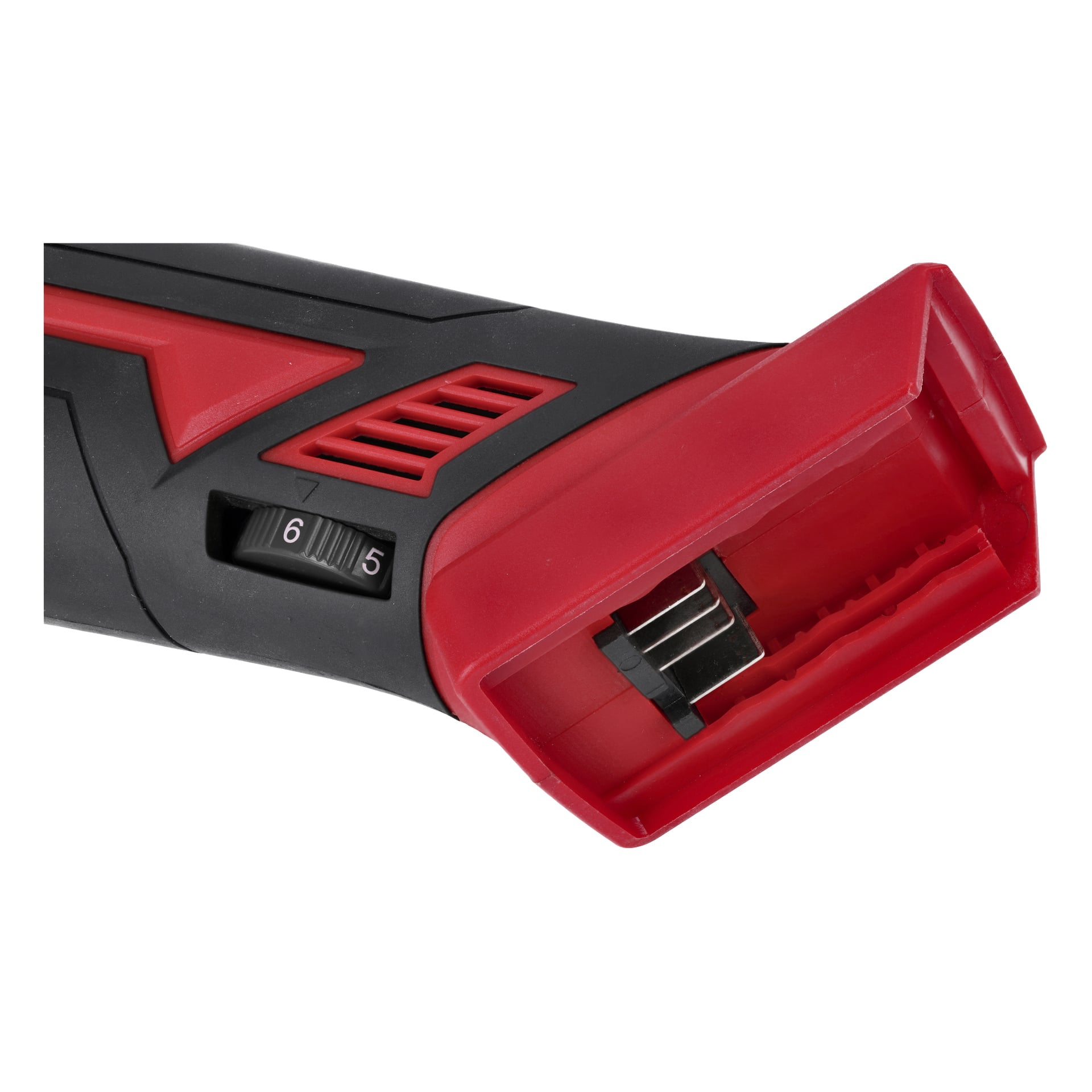 Närbild av Meec Tools Multiseries Angle Sliper AG-18V HOME 500 handtag, svart och röd, strömbrytare på 6/5, batteriplats öppen.