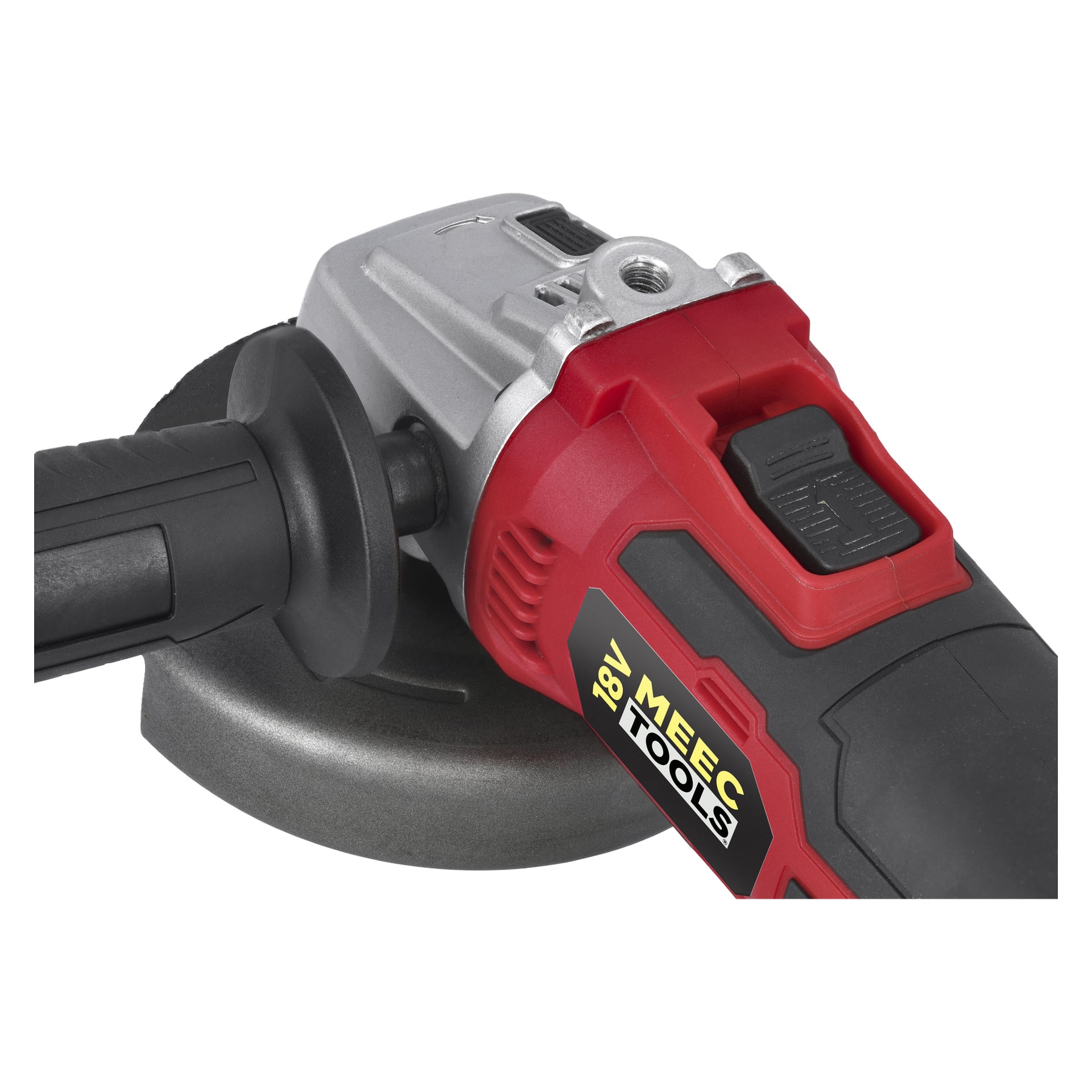 Närbild på en röd och svart Meec Tools Multiseries AG-18V HOME 500 vinkelslip med sidohandtag och synlig logotyp.