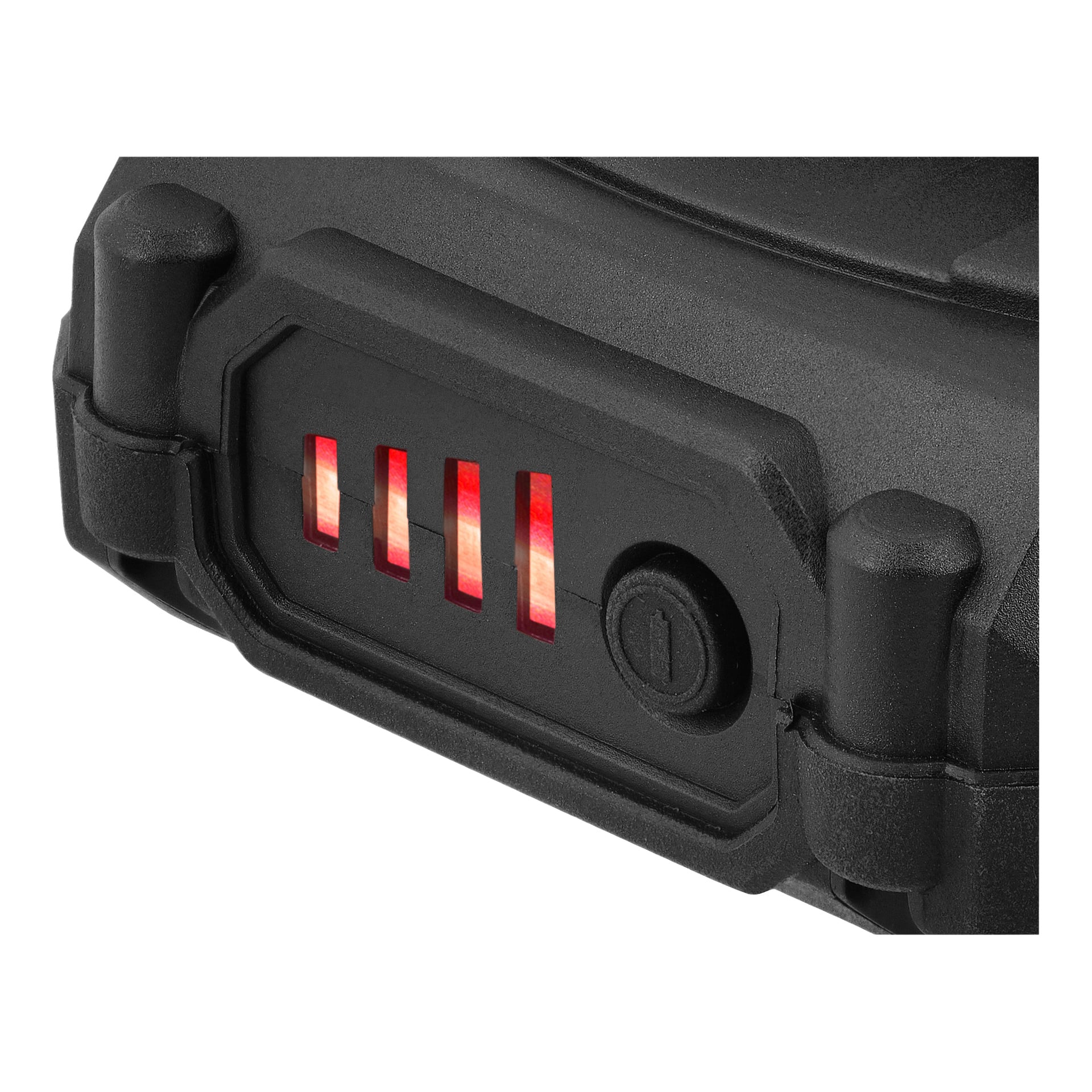 Närbild på ett robust svart Meec Tools Multiseries-batteri med förstärkta hörn, fyra röda LED-lampor och en rund sidoknapp.