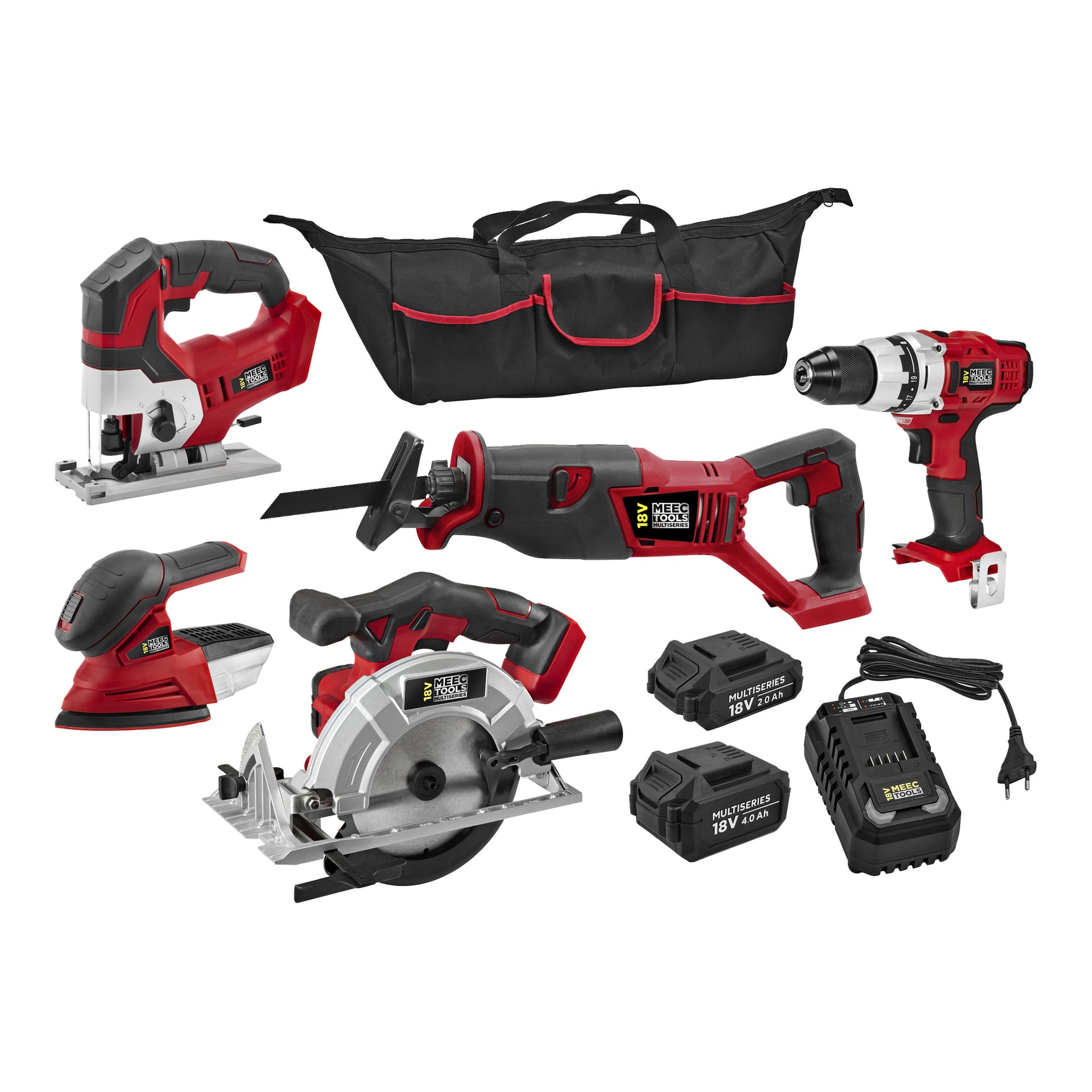 Meec Tools 8-delat kit med röd och svart sladdlös sticksåg, borr, bajsåg, cirkelsåg, slipmaskin, två batterier, laddare, väska.