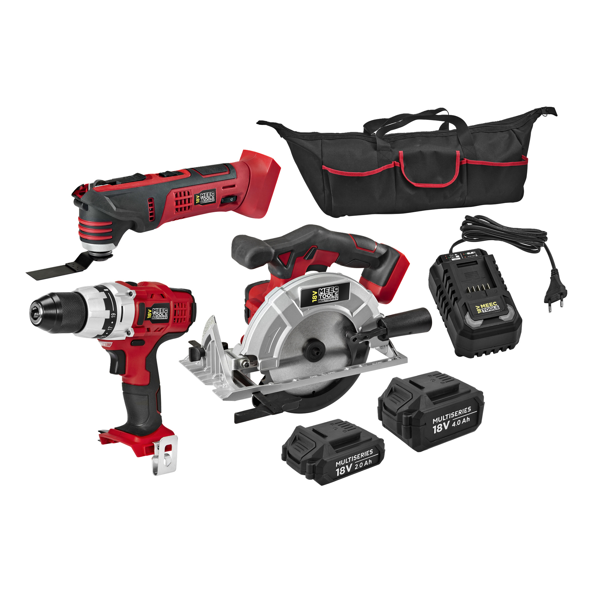 Das Meec Tools Multiseries DECK WORK PACK 7-teiliges Set mit Bohrer, Säge, oszillierendem Werkzeug, Batterien, Ladegerät, Tasche und Stromkabel.