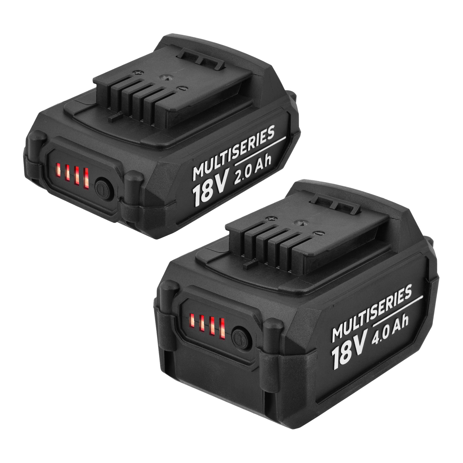 Ett par svarta Meec Tools Multiseries 18V-batterier (2,0Ah och 4,0Ah) med LED-laddningsdisplayer och toppkontakter från ett 7-delat set.
