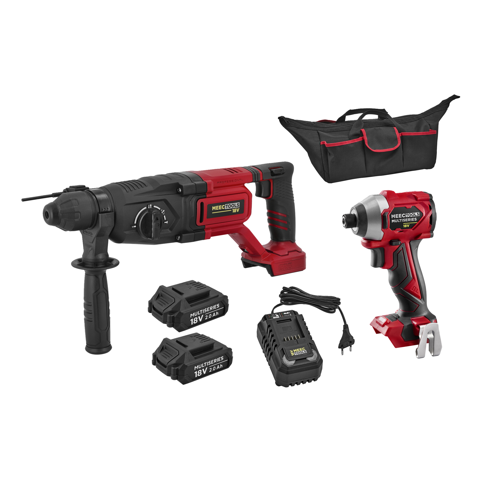 Meec Tools Multiseries Impact Kit: roterande hammare, slagskruvdragare, laddare, två 18V-batterier och svart väska med röda detaljer.