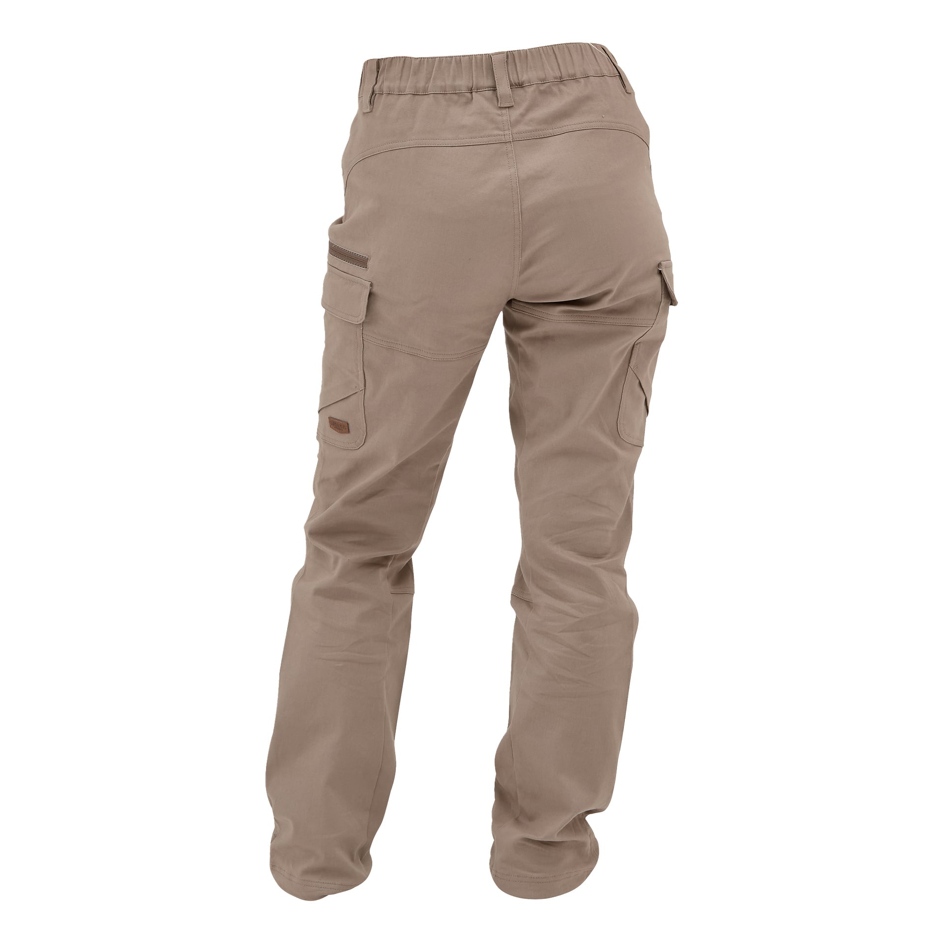 Lysebrune Kayoba Outdoor Åsen-bukser for kvinner sett bakfra, med elastisk midje og flere lommer, inkludert cargo-modeller.