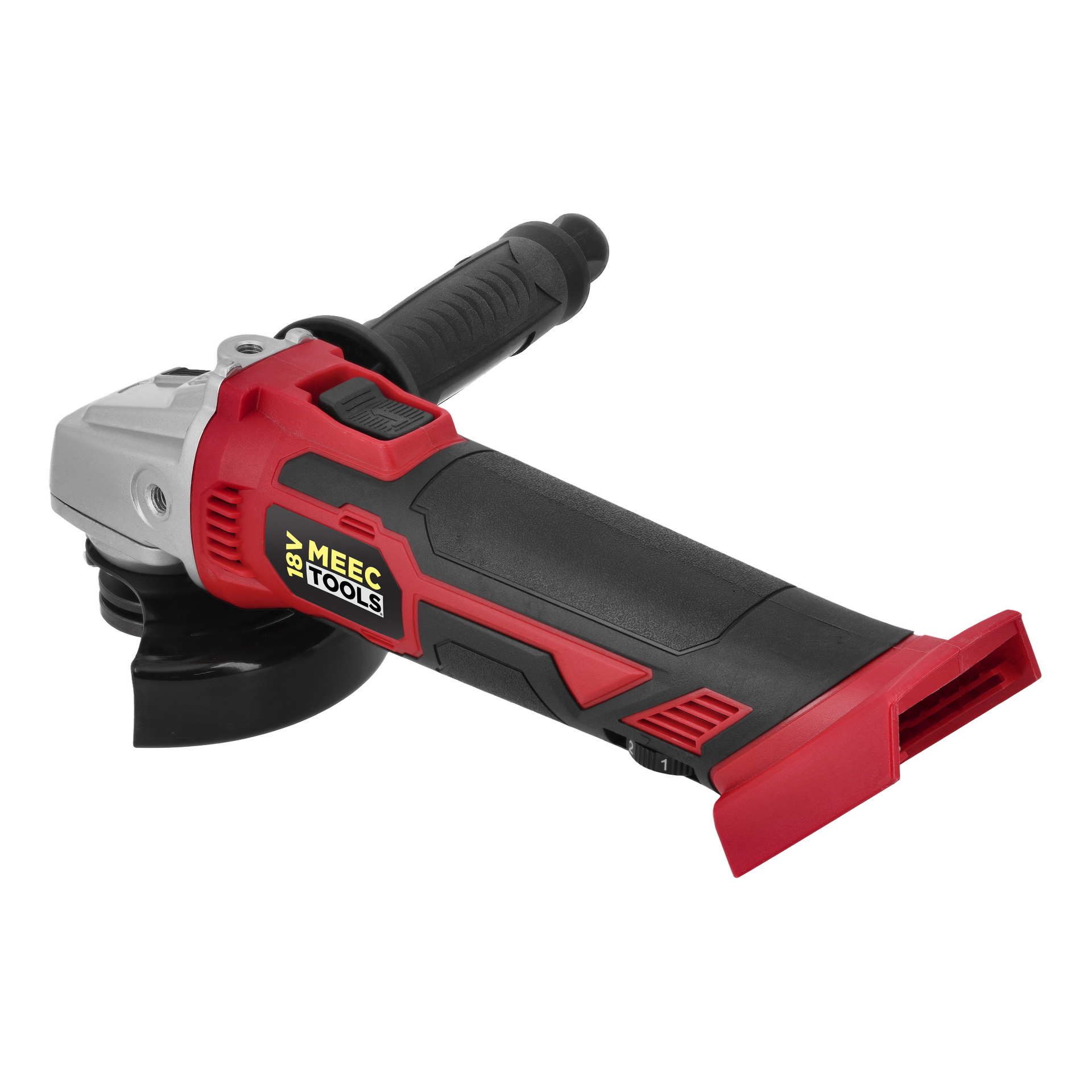 Sladdlös Meec Tools Multiseries vinkelslipmaskin, AG-18V HOME 500, röd och svart, med sidohandtag, slipskiva, tom batteriplats.