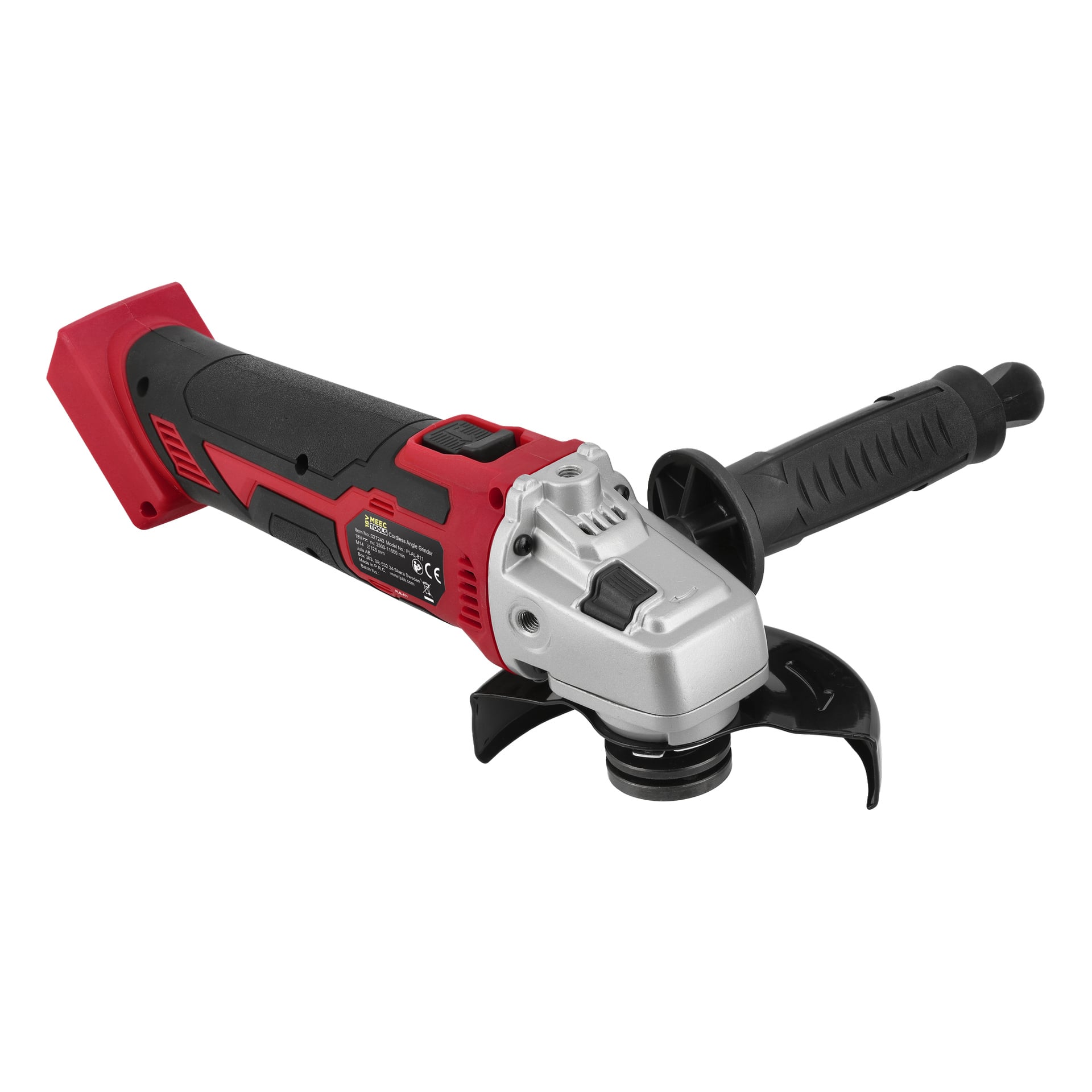 Meec Tools Multiseries AG-18V HOME 500 vinkelslipkit har en sladdlös svart och röd kropp, silverfärgat växelhus och sidohandtag.
