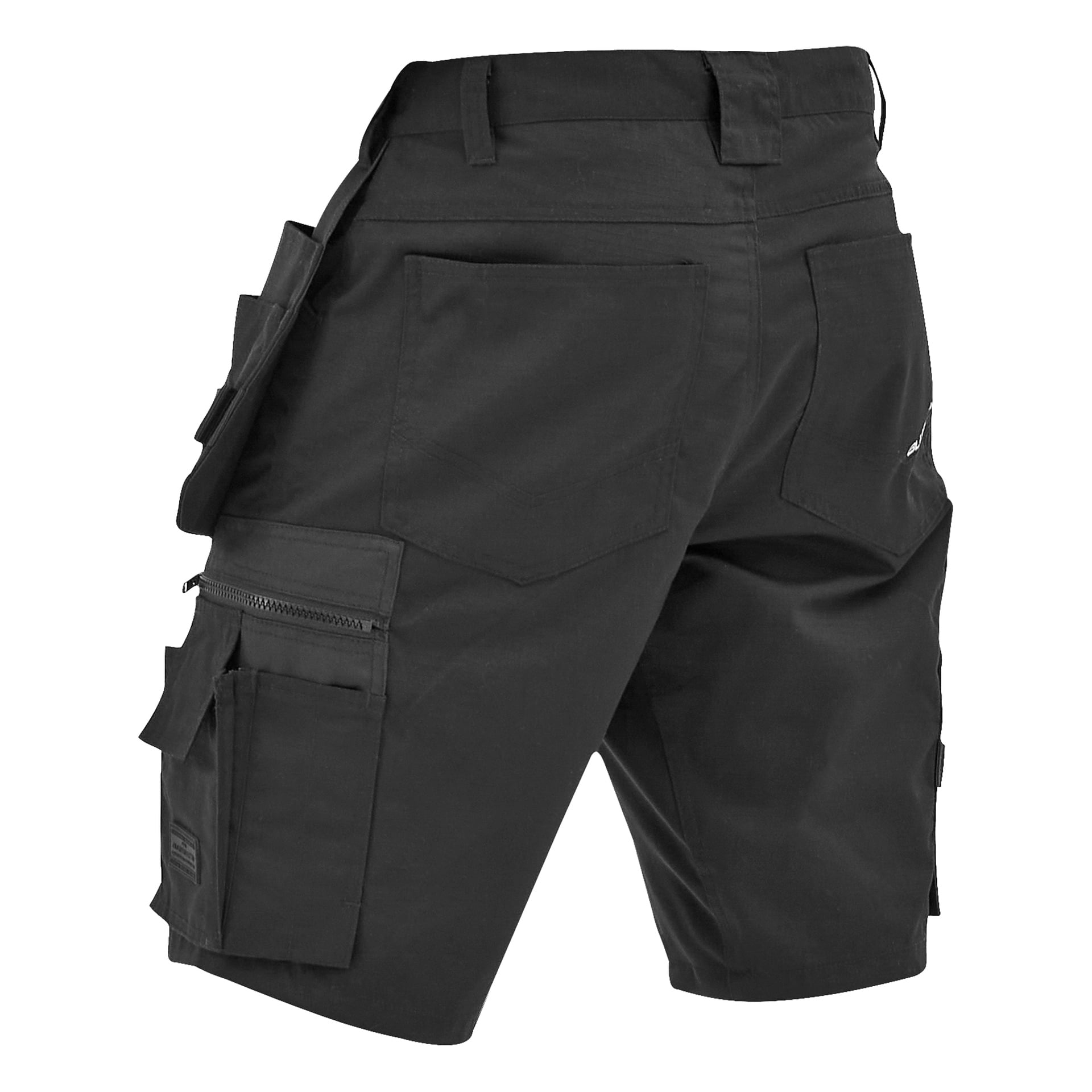 Svarta arbetsshorts sedda bakifrån, med flera fickor, en dragkedjasficka, verktygsfickor, sidoöglor, bältesöglor och sömmar.