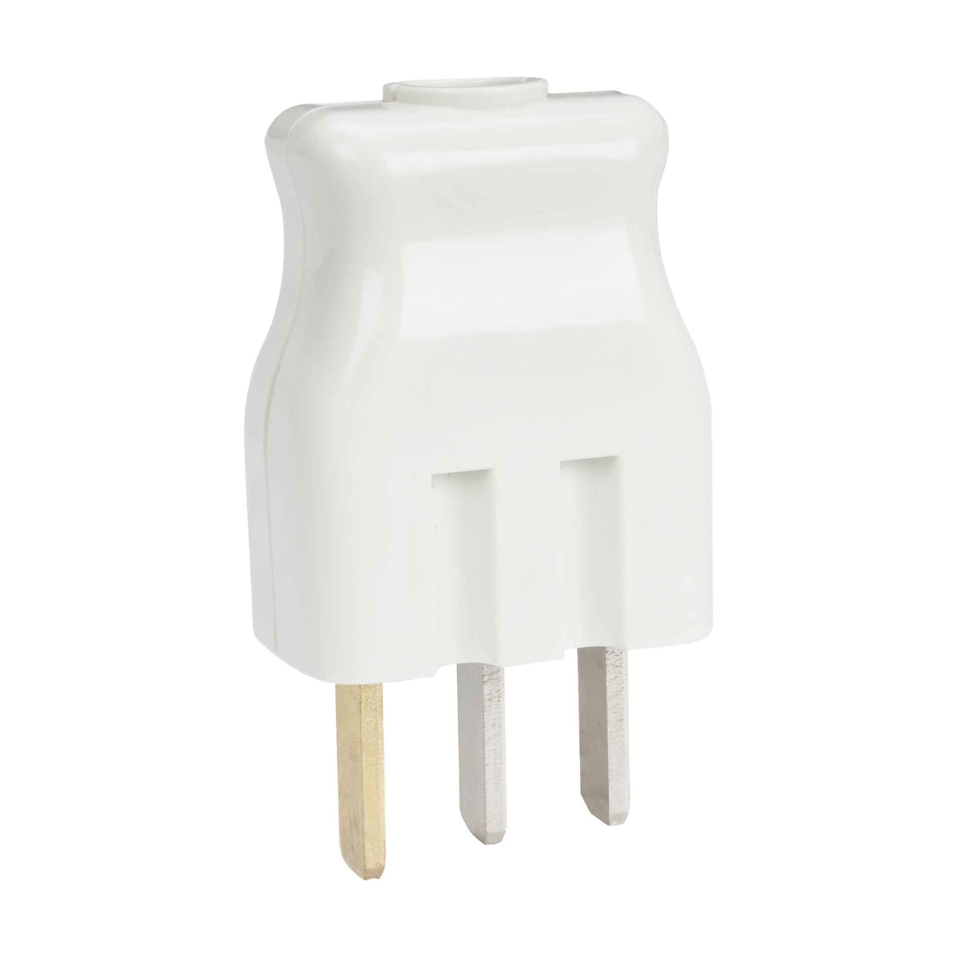 Et detaljert bilde av en Anslut Stove-plugg, med en hvit tre-pinners elektrisk adapter med synlige messing- og sølvstifter.