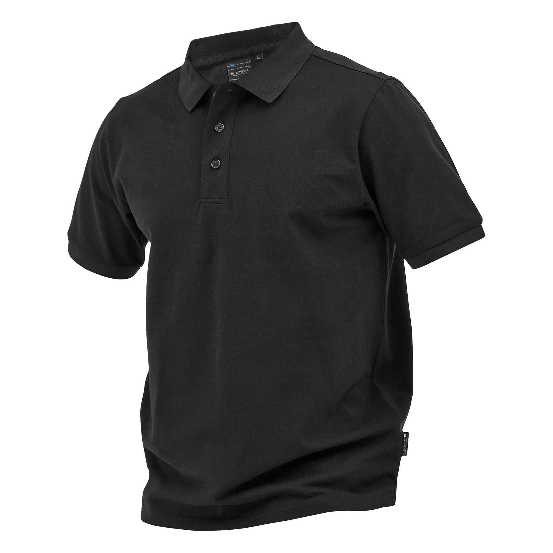 Bluewear Men's Putte polo är svart med korta ärmar, krage och tre knappar framtill.