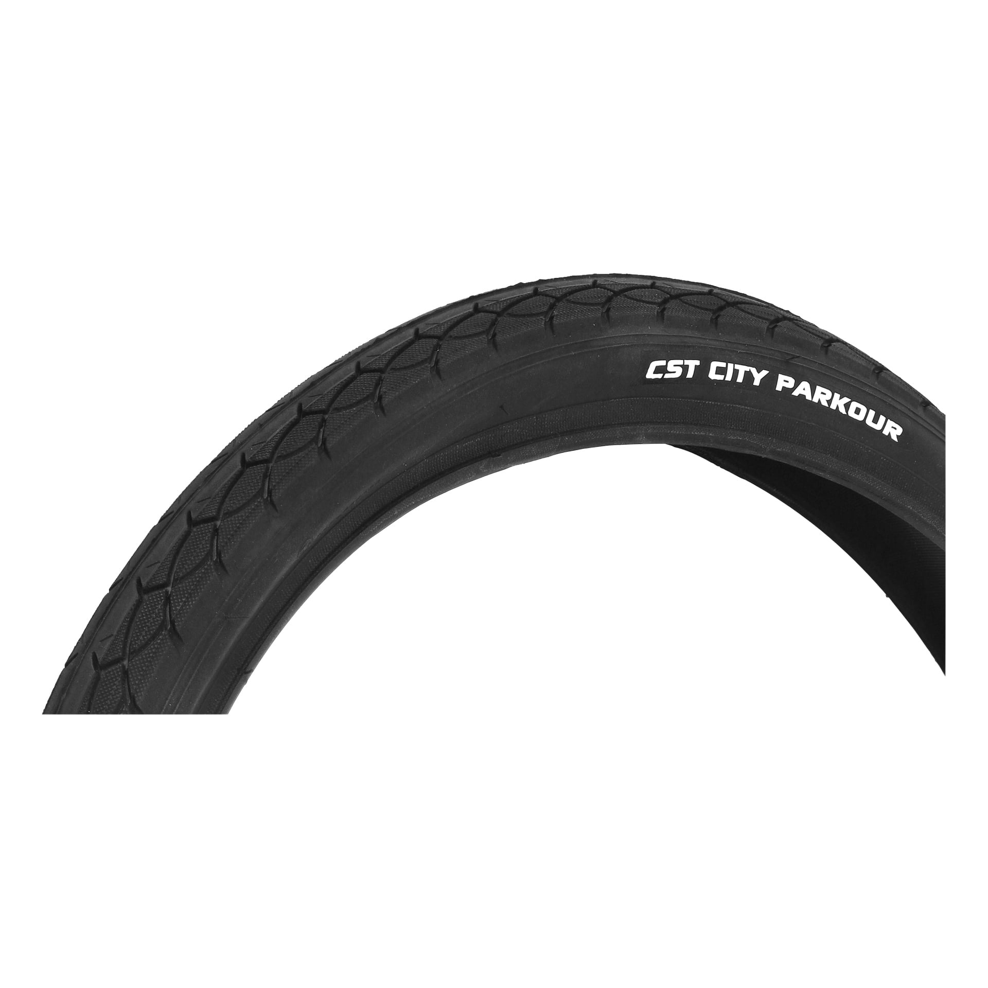 Närbild på ett svart Tyres elcykeldäck med ett tydligt mönster och orden CST CITY PARKOUR på sidoväggen.