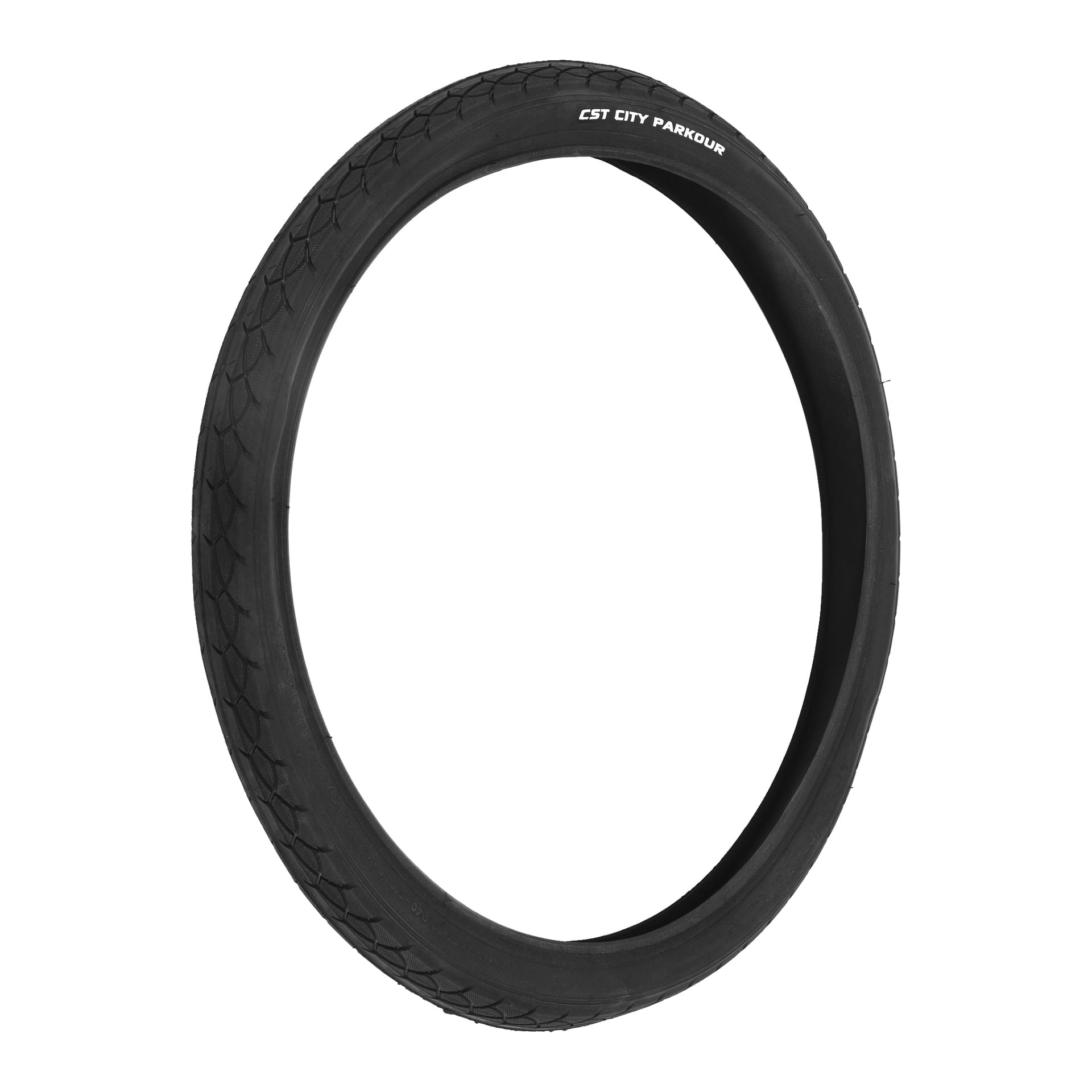 En svart elcykel från Tyres med diskret mönster och CST CITY PARKOUR markerad på sidoväggen nära toppen visas.