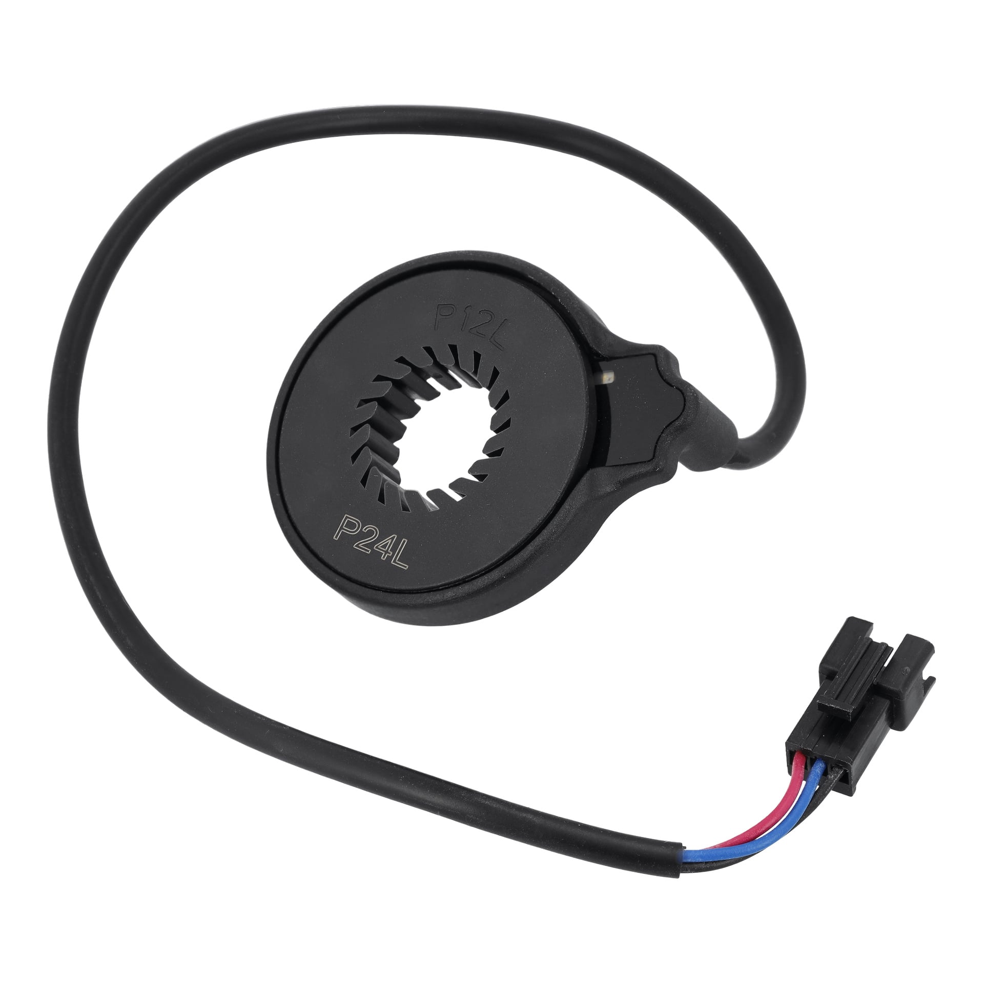 En svart plastcirkulär elcykelsensor med tandad innerring, fäst i en kabel och 3-polig kontakt; märkt P12L, P24L.