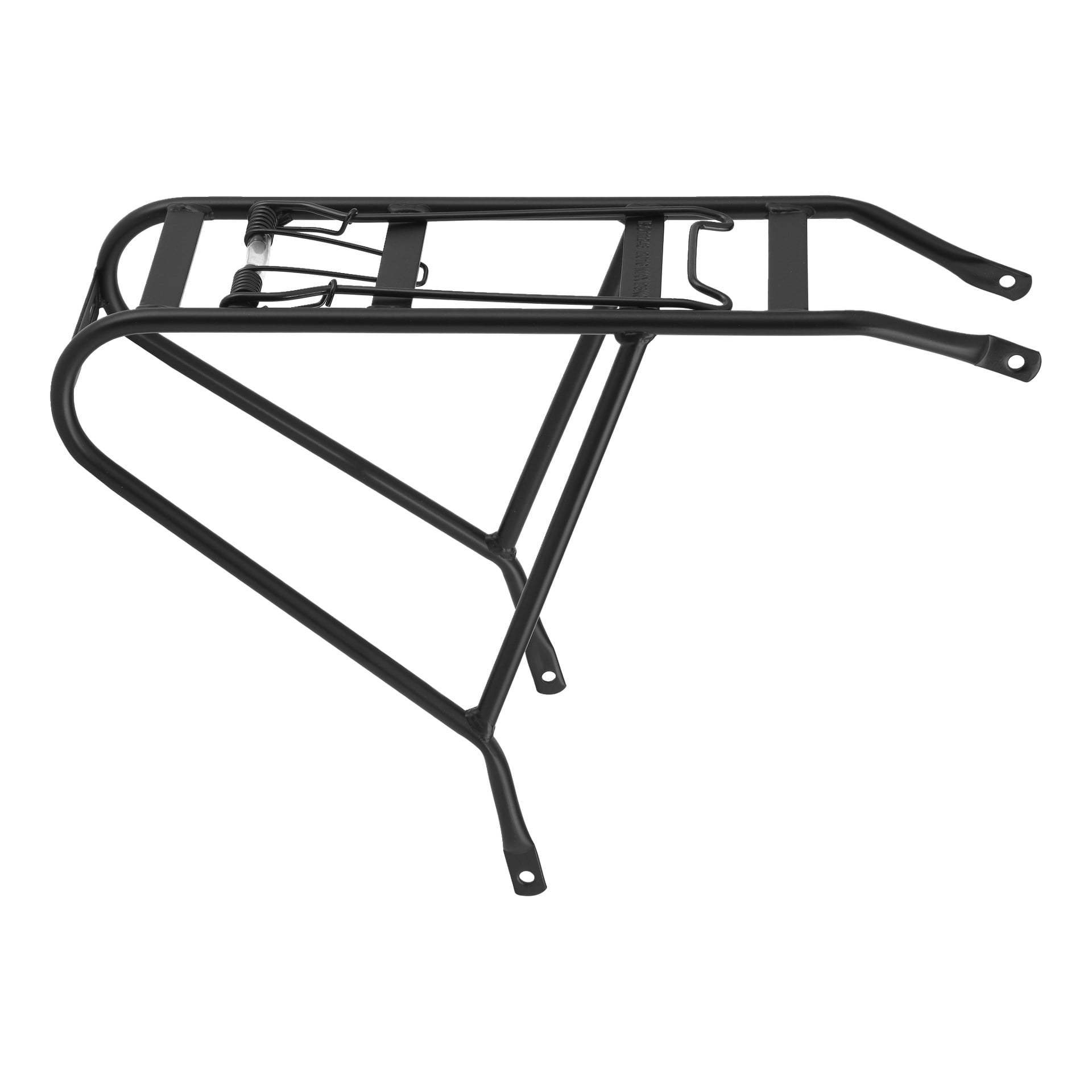 Svart metall elektrisk cykelhållare med fästpunkter och fjäderklämma, tillverkad för att bära last eller väskor bak.