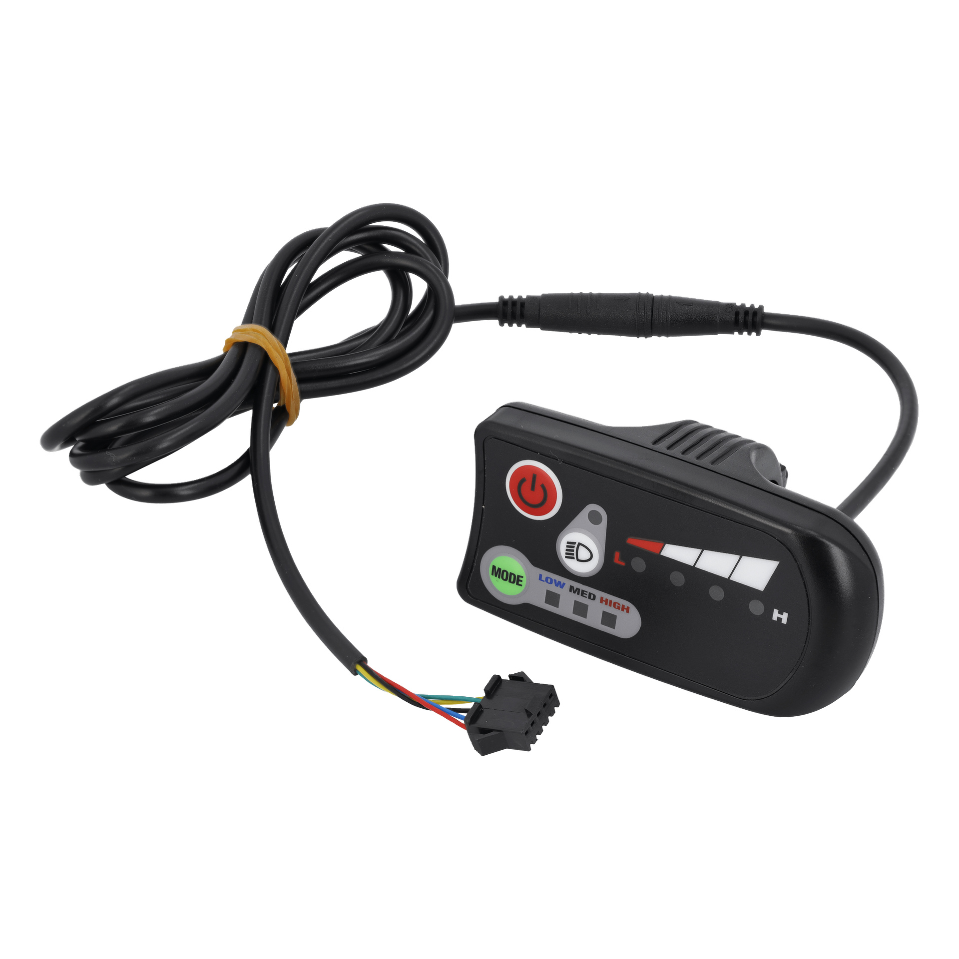 Svart kontrollpanel för elcykel, med knappar, indikatorlampor, lägesväljare och en lång kabel med kontakt.