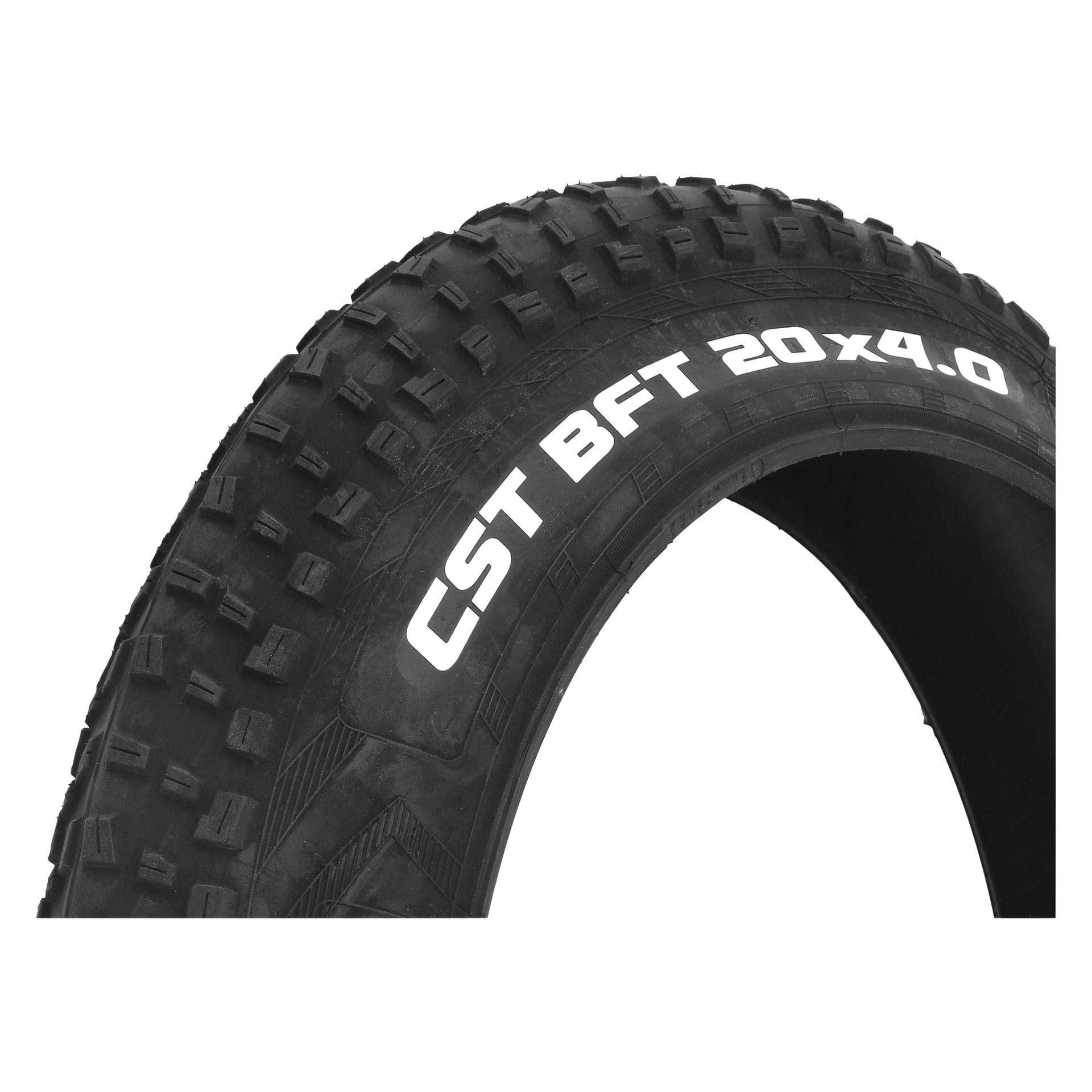En närbild på ett svart elcykeldäck från Tyres visar detaljerat mönster och orden CST BFT 20x4.0 på sidoväggen.