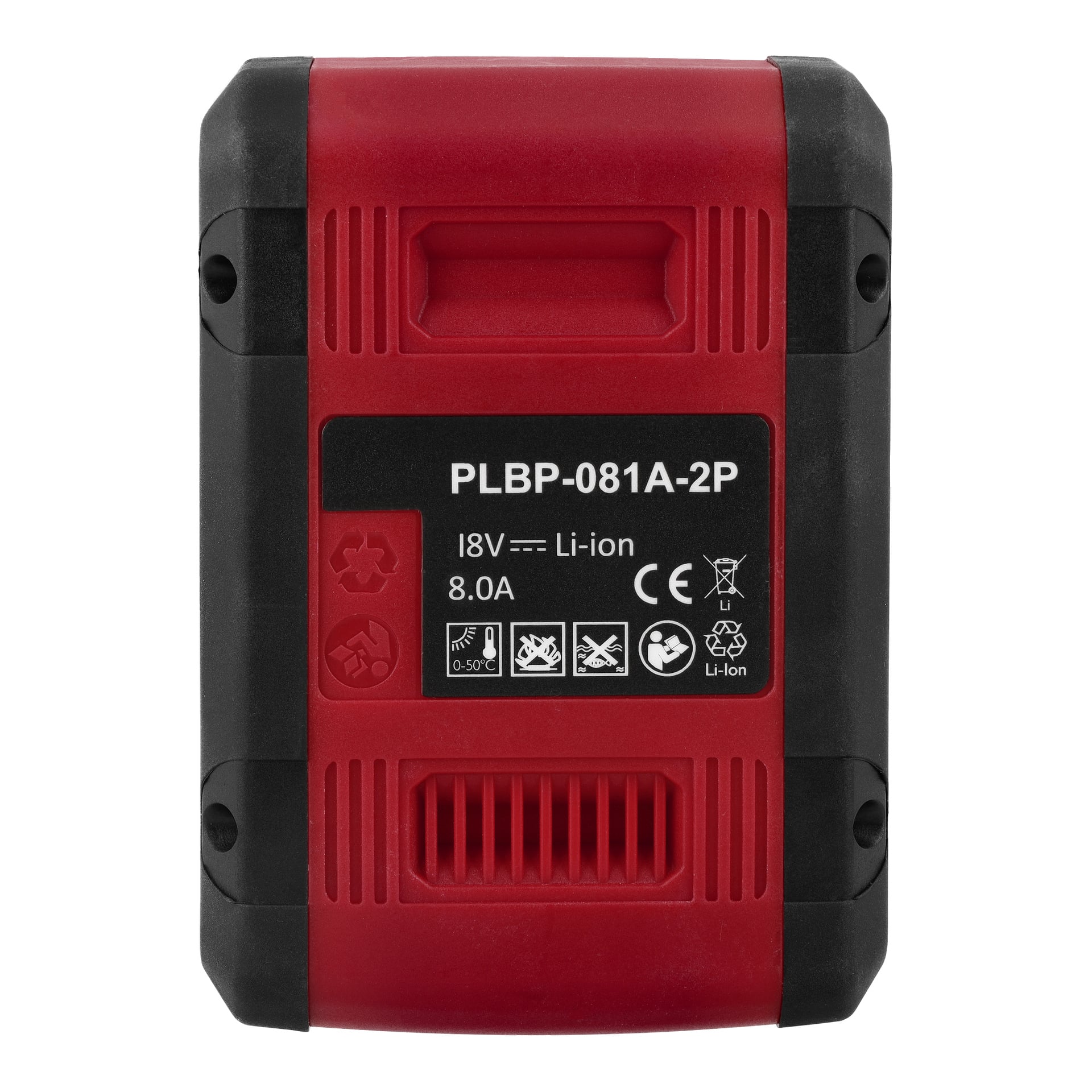 Rött och svart Meec Tools Multiseries-batteri, märkt PLBP-081A-2P, 18V Li-ion 8.0A, med säkerhets- och certifieringsikoner.