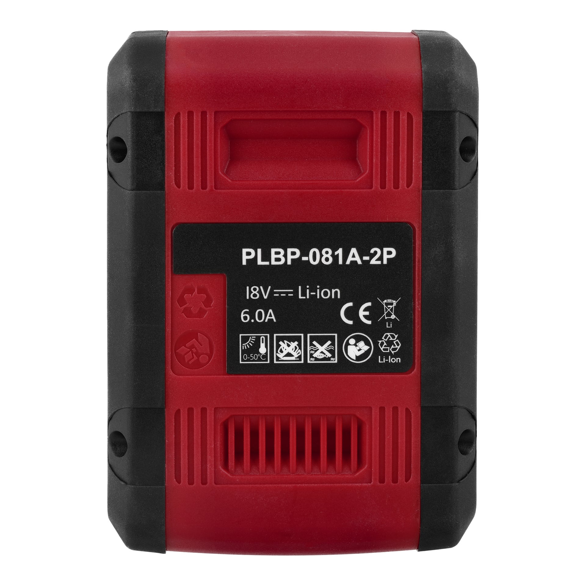 Rektangulärt rött och svart Meec Tools Multiseries 18V 6.0A-batteri (PLBP-081A-2P) med symboler på framsidan.