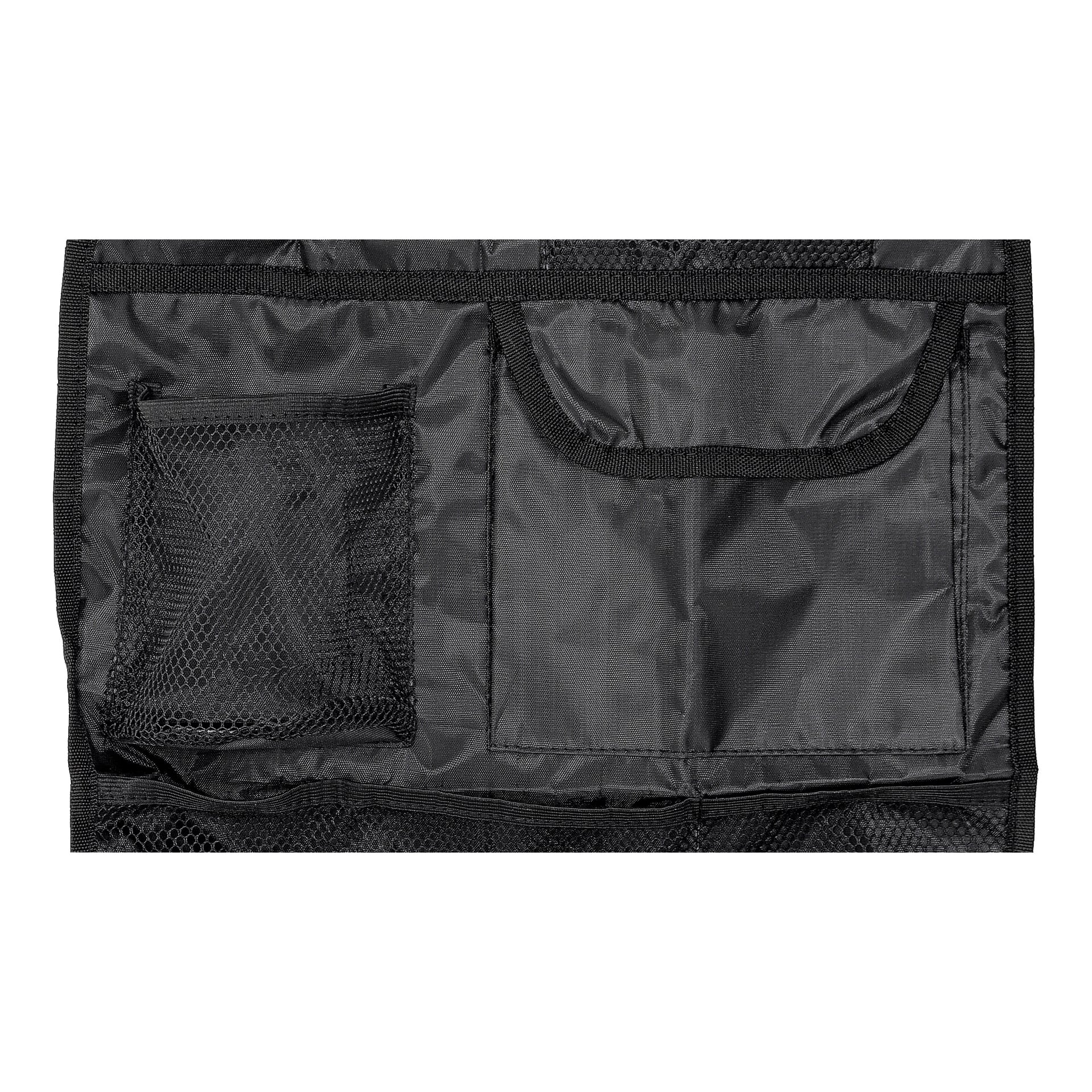 Zbliżenie na organizer fotelika Hamron z siateczką i solidnymi kieszeniami, widocznymi przeszyciami oraz dwoma przegródkami o różnych rozmiarach.
