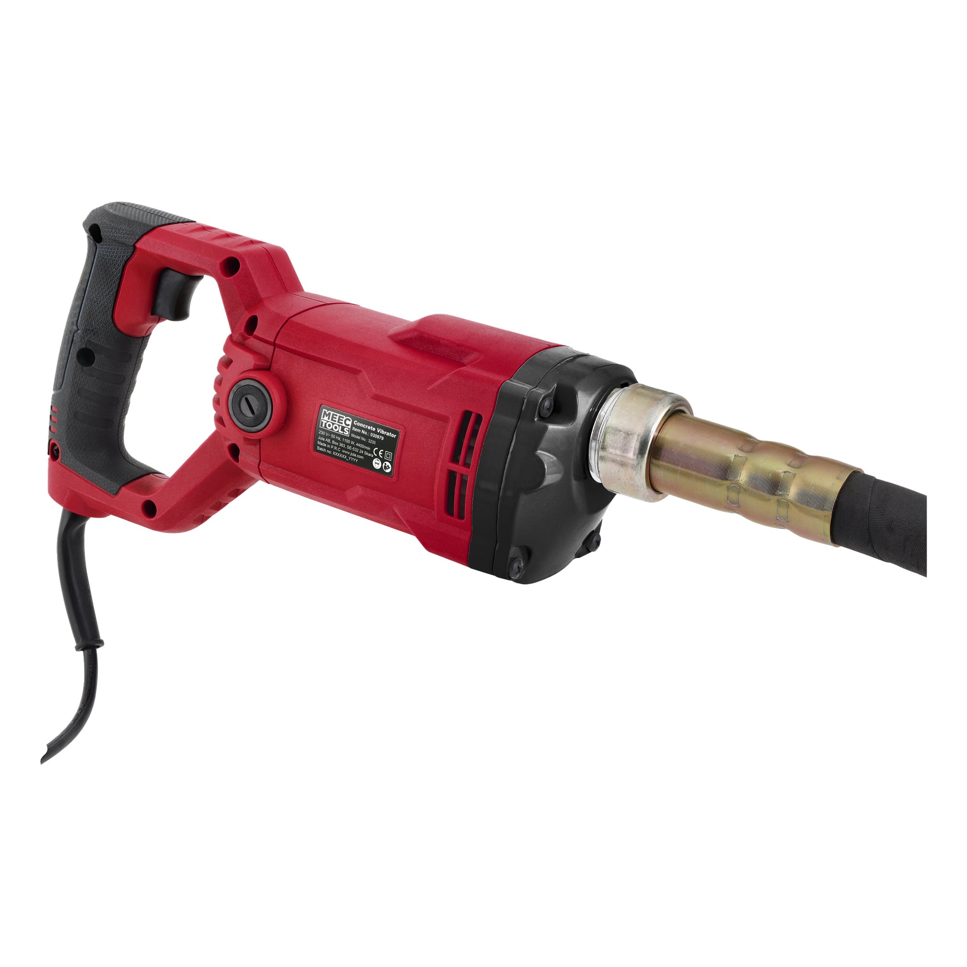 Meec Tools röd och svart betongvibrator med pistolgrepp, svart strömkabel och metallmonterad front.